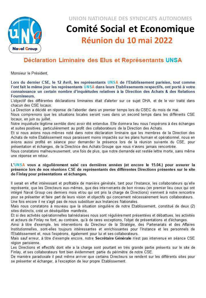 CSE de La Région Parisienne - Réunion du 10 mai 2022 - Déclaration Liminaire CSE de La Région Parisienne - Réunion du 10 mai 2022 - Déclaration Liminaire