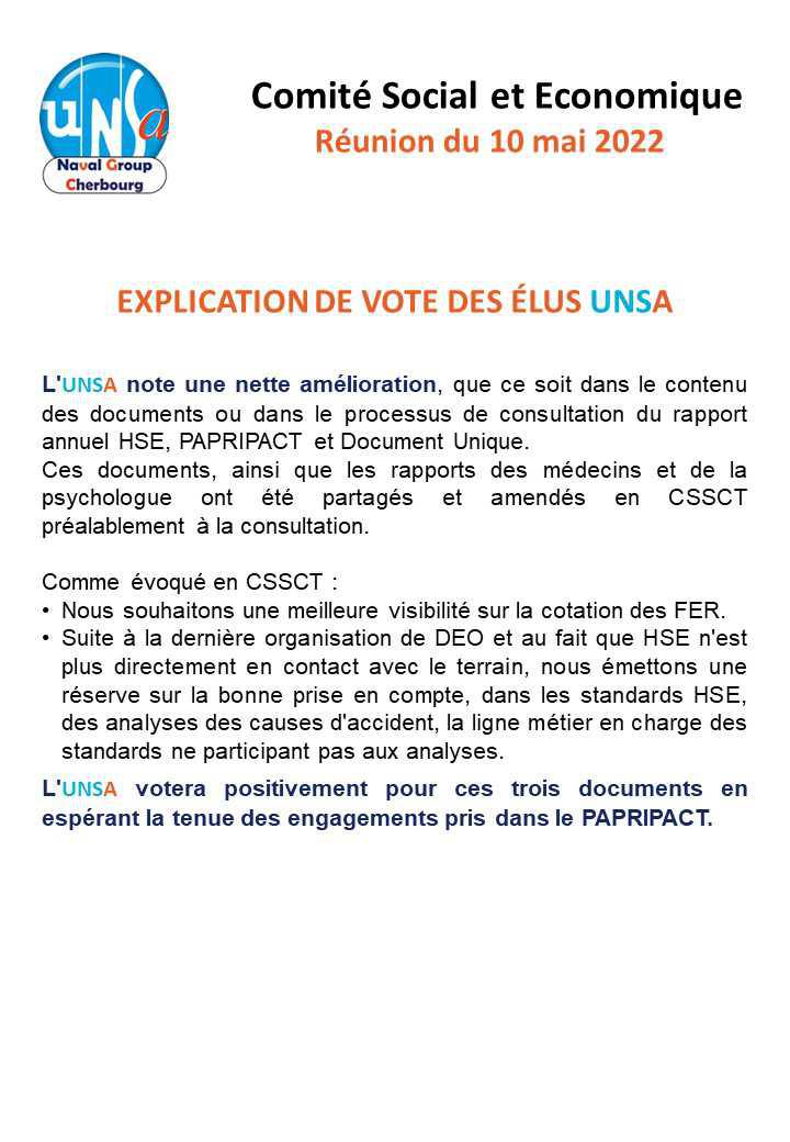 CSE de Cherbourg - Réunion du 10 mai 2022 - Explication de vote