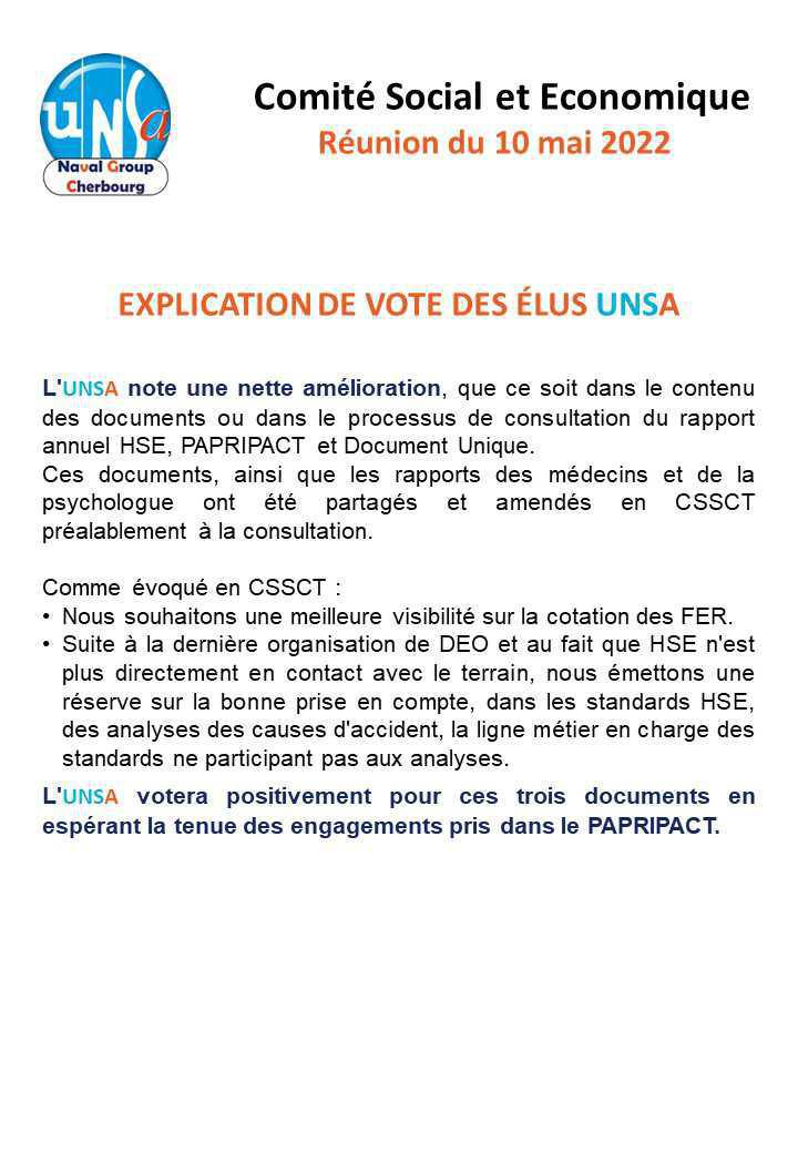 CSE de Cherbourg - Réunion du 10 mai 2022 - Explication de vote CSE de Cherbourg - Réunion du 10 mai 2022 - Explication de vote