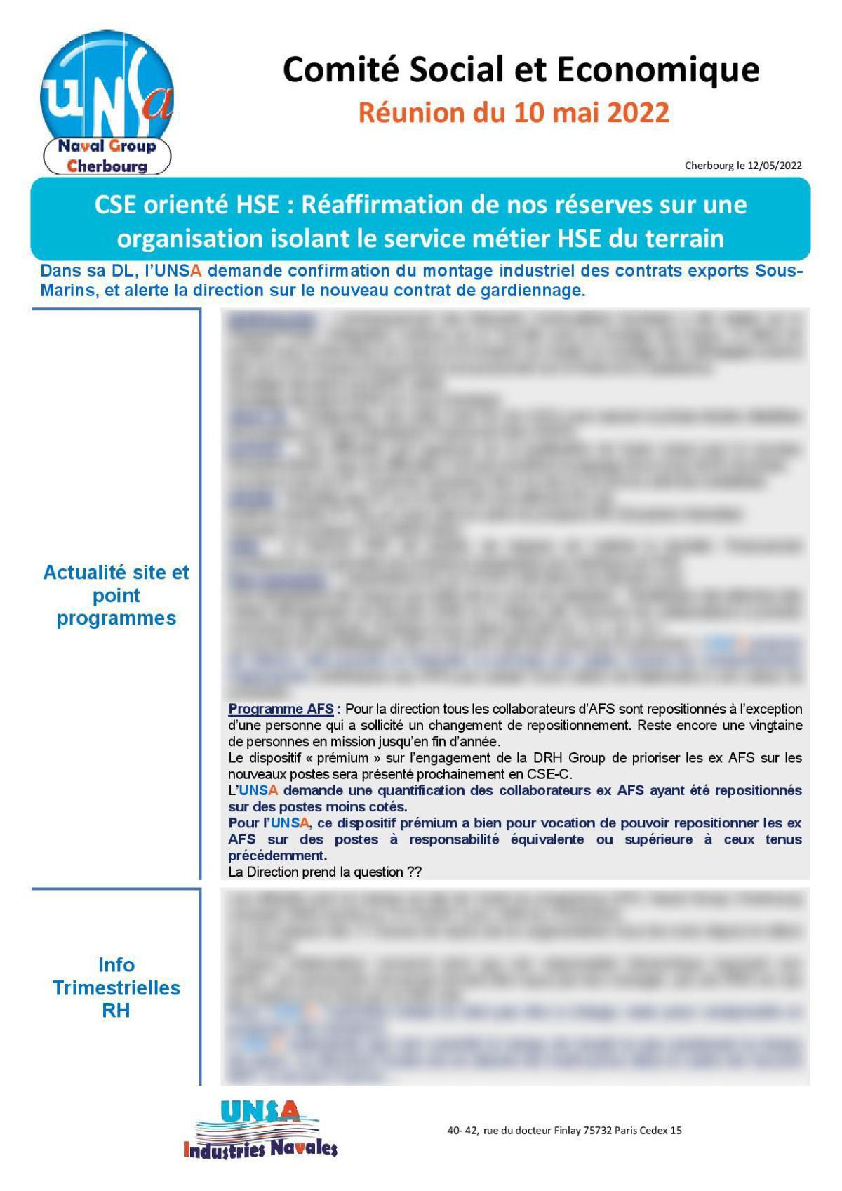 CSE de Cherbourg - Réunion du 10 mai 2022 - Compte Rendu