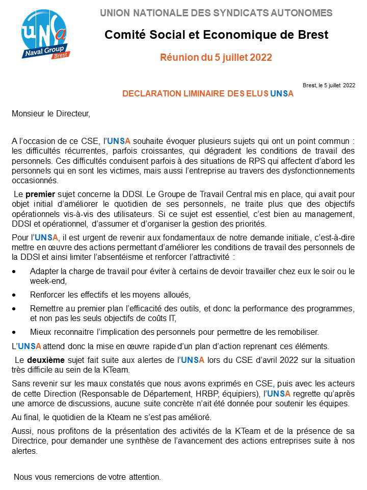 CSE de Brest - Réunion du 5 juillet 2022 - Déclaration Liminaire