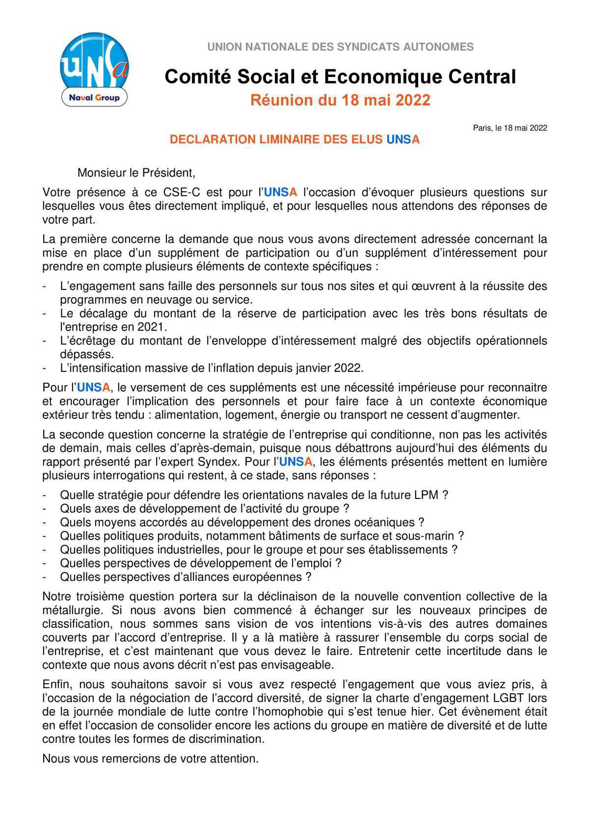 Réunion du 18 mai 2022 - Déclaration liminaire UNSA