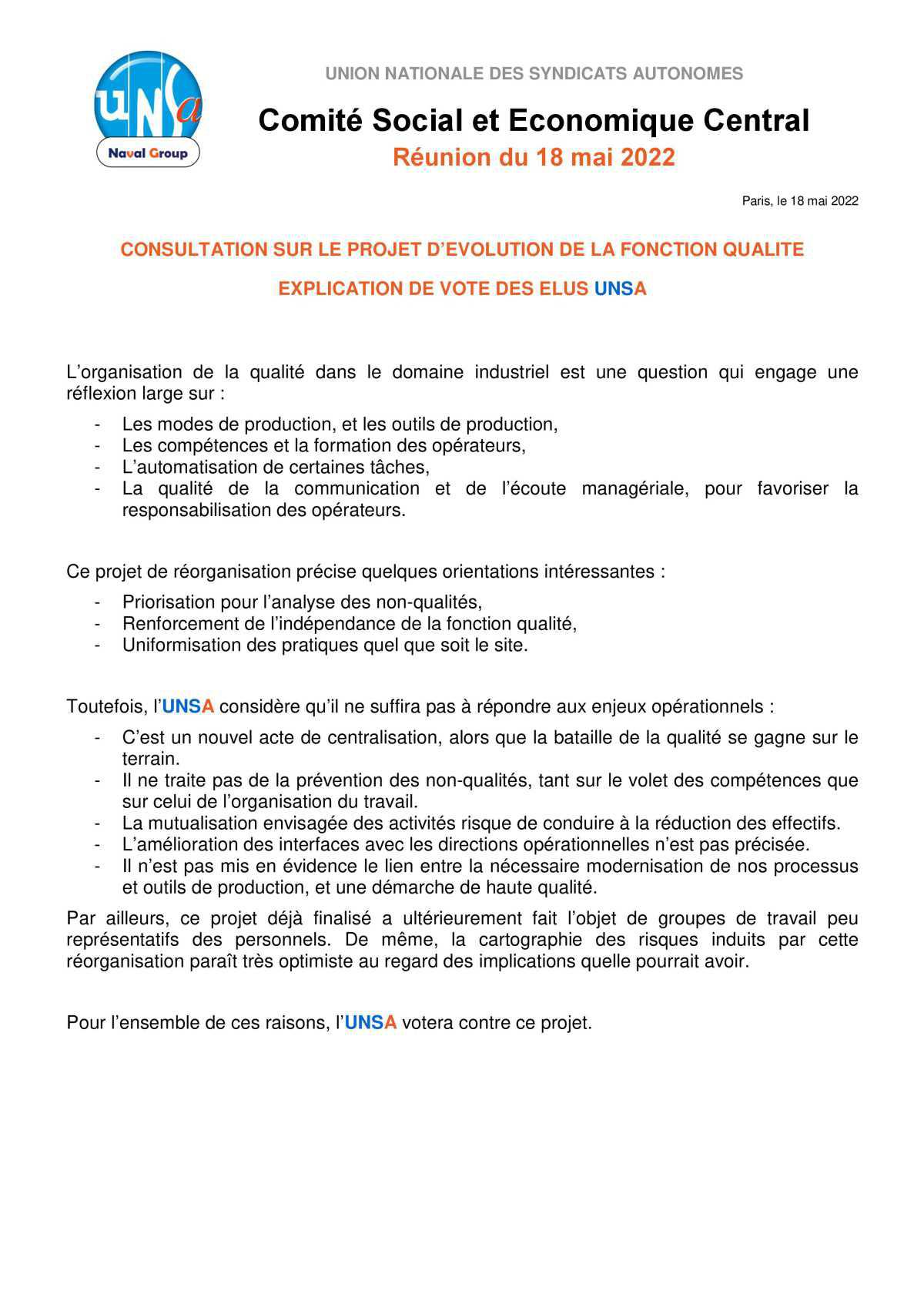 Réunion du 18 mai 2022 - réorganisation Qualité - explication de vote UNSA