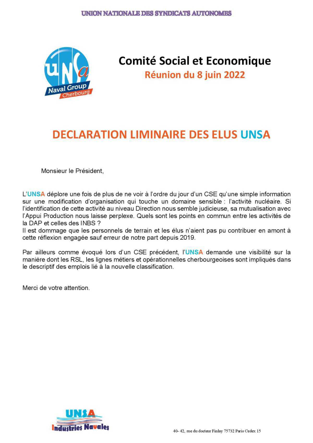 CSE de Cherbourg - Réunion du 8 juin 2022 - Déclaration Liminaire