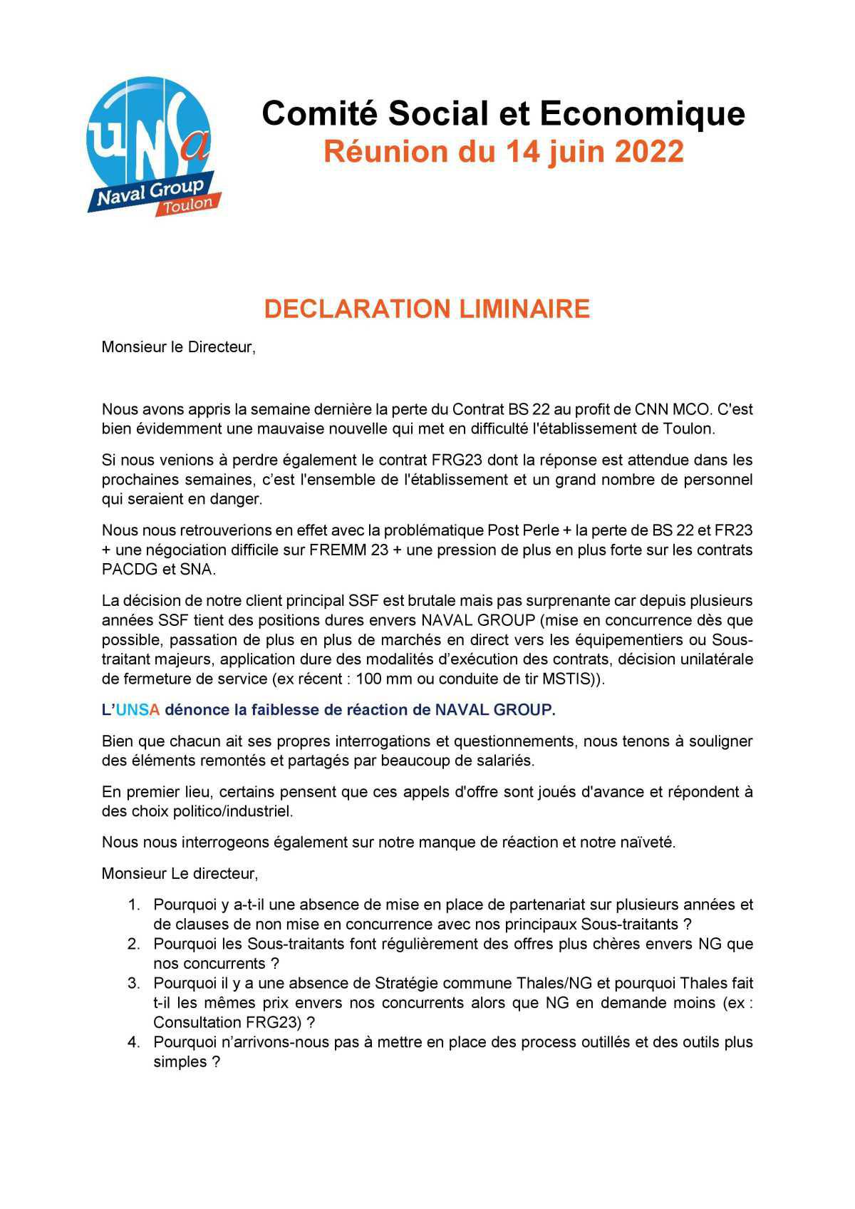 CSE de Toulon - Réunion du 14 juin 2022 - Déclaration Liminaire