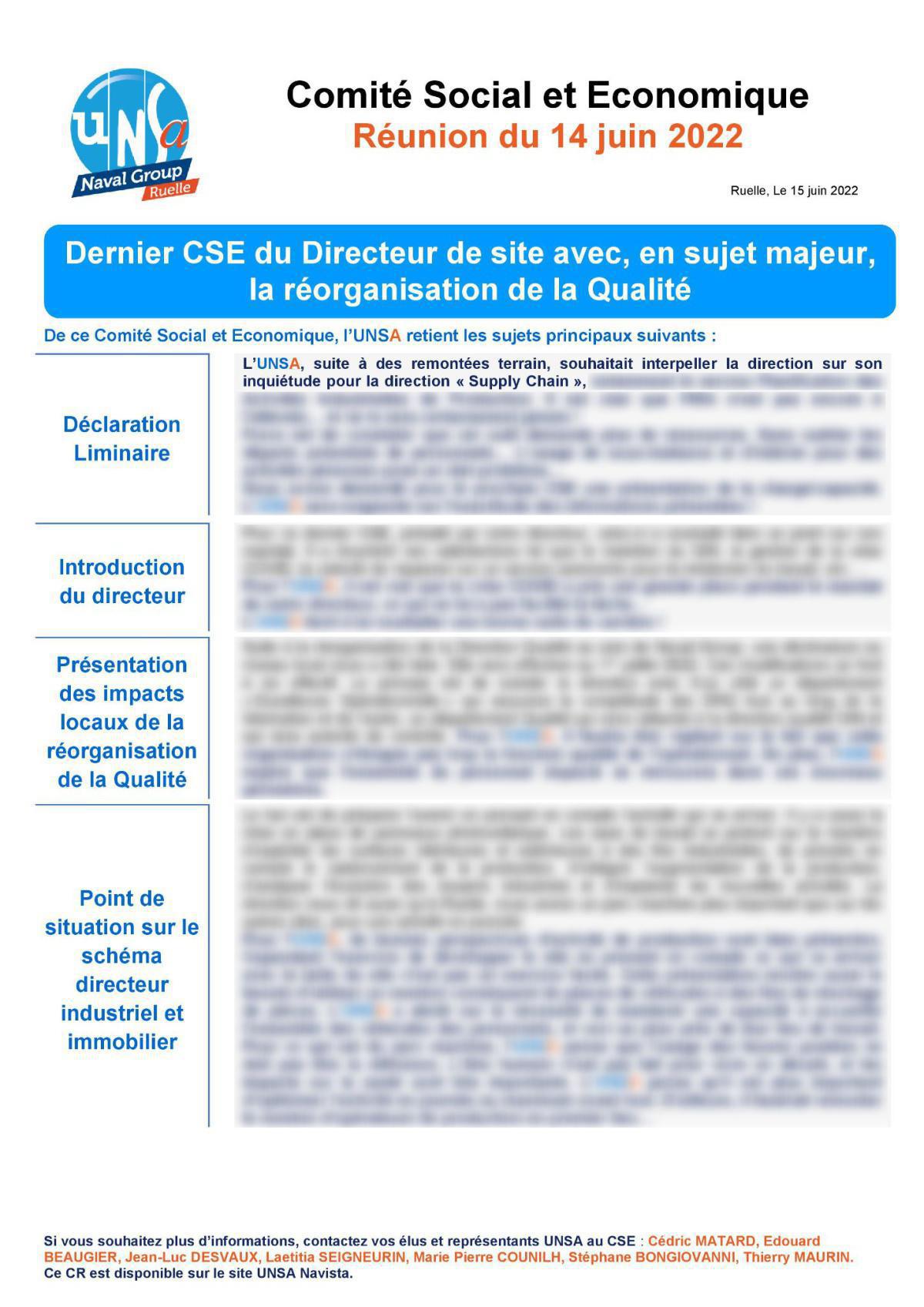 CSE de Ruelle - Réunion du 14 juin - Compte rendu CSE de Ruelle - Réunion du 14 juin - Compte rendu