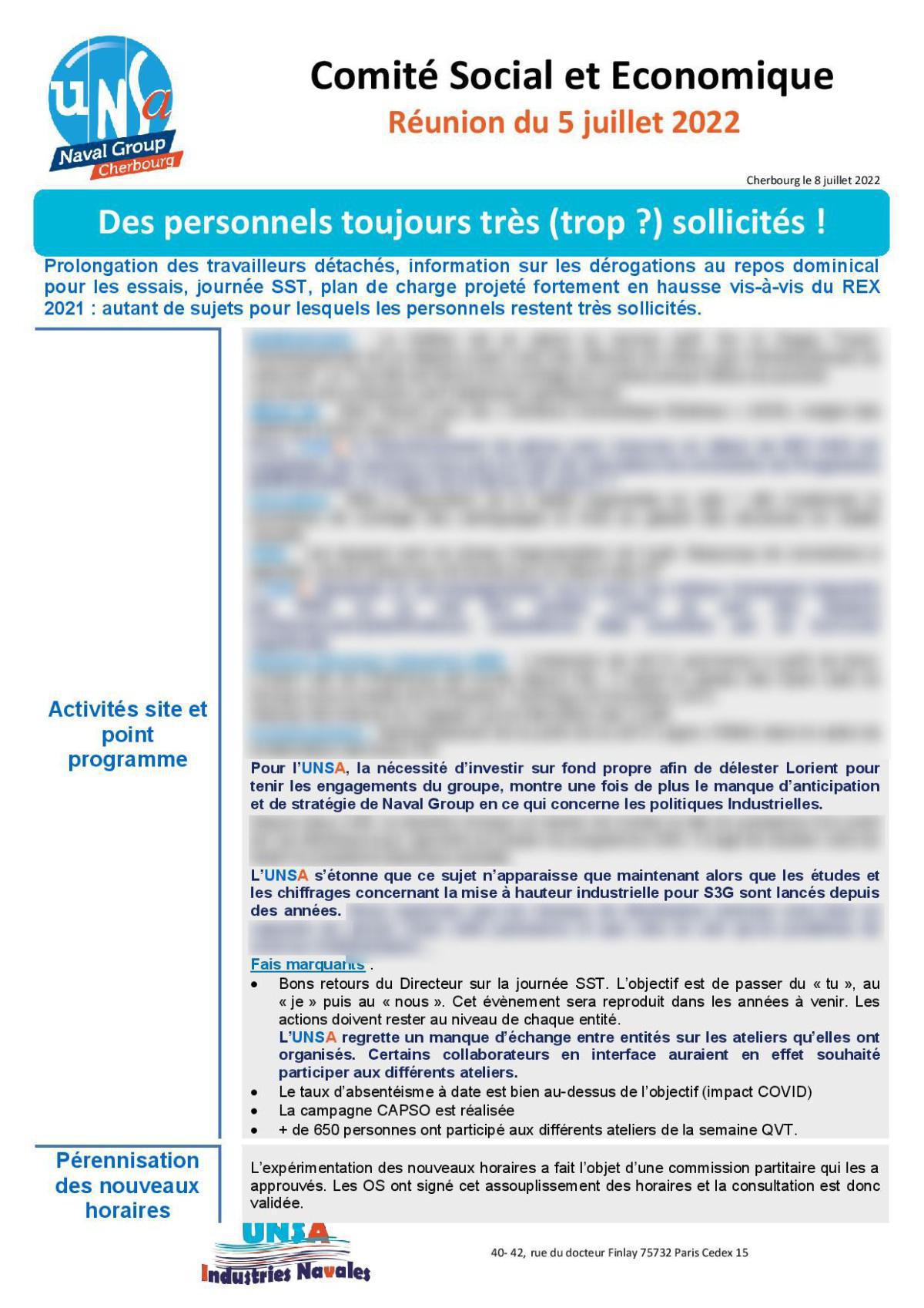 CSE de Cherbourg - Réunion du 5 juillet 2022 - Compte rendu CSE de Cherbourg - Réunion du 5 juillet 2022 - Compte rendu