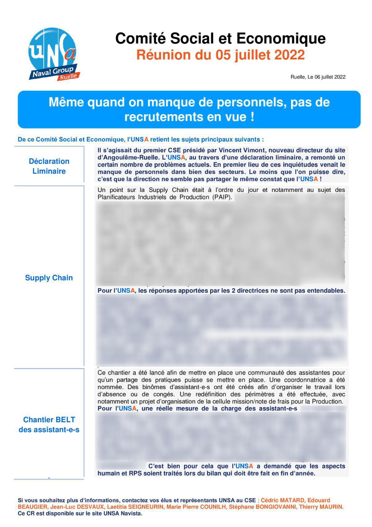 CSE de Ruelle - Réunion du 5 juillet 2022 CSE de Ruelle - Réunion du 5 juillet 2022