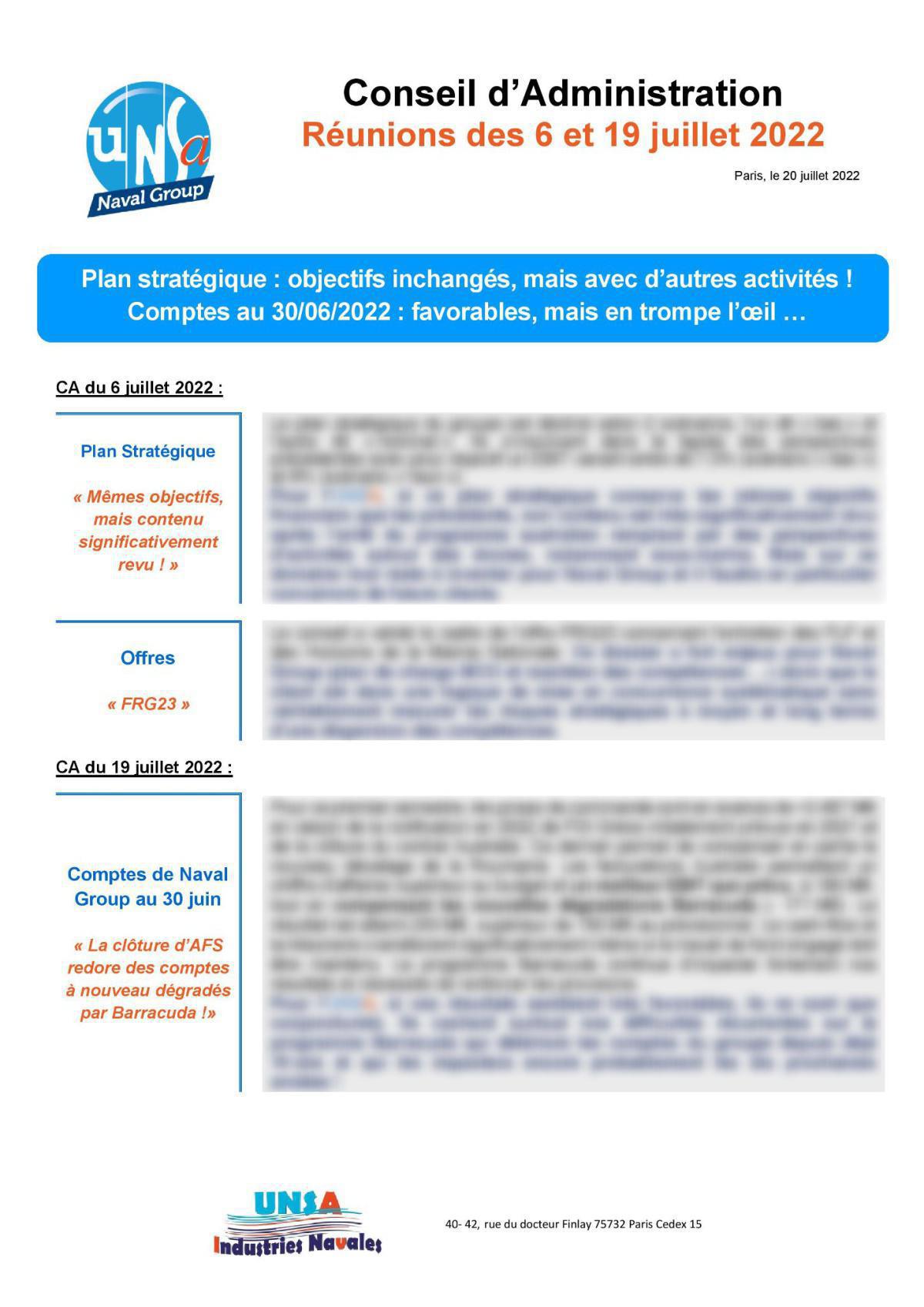 Conseil d'Administration : réunions des 6 et 19 juillet 2022 Conseil d'Administration : réunions des 6 et 19 juillet 2022