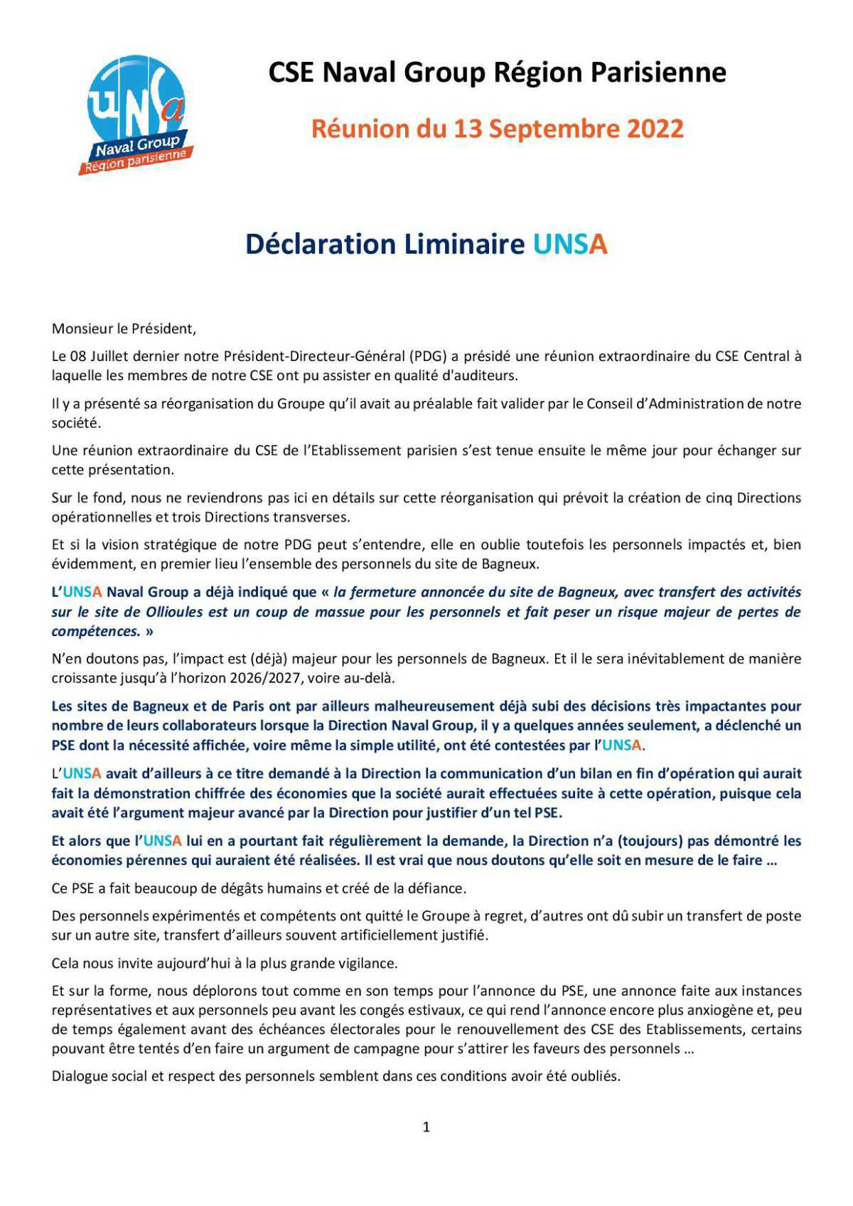 CSE Région Parisienne - Réunion du 13 septembre 2022 - Déclaration Liminaire