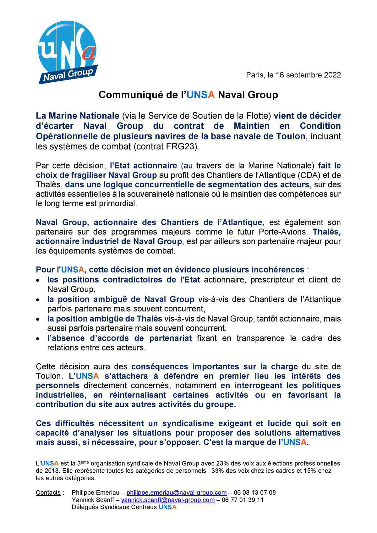 Communiqué de l'UNSA Naval Group - septembre 2022 Communiqué de l'UNSA Naval Group - septembre 2022