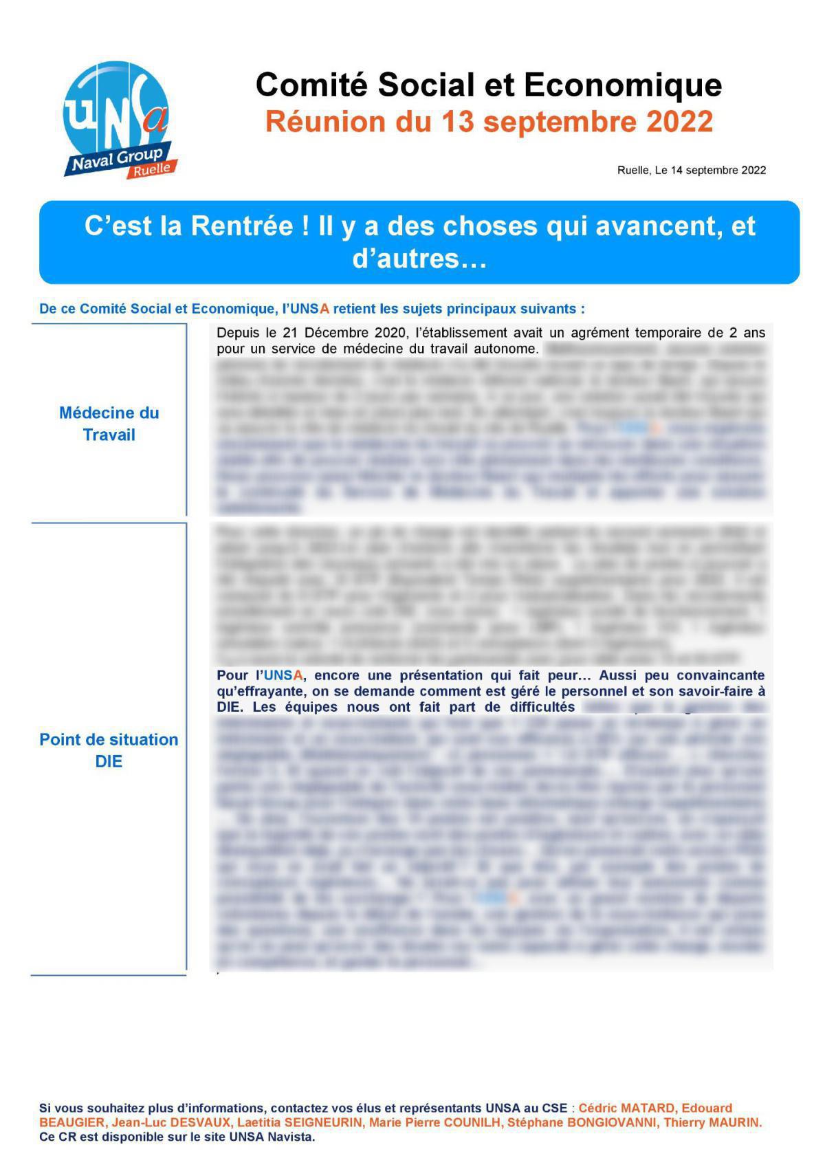 CSE de Ruelle - Réunion du 13 septembre - Compte rendu CSE de Ruelle - Réunion du 13 septembre - Compte rendu