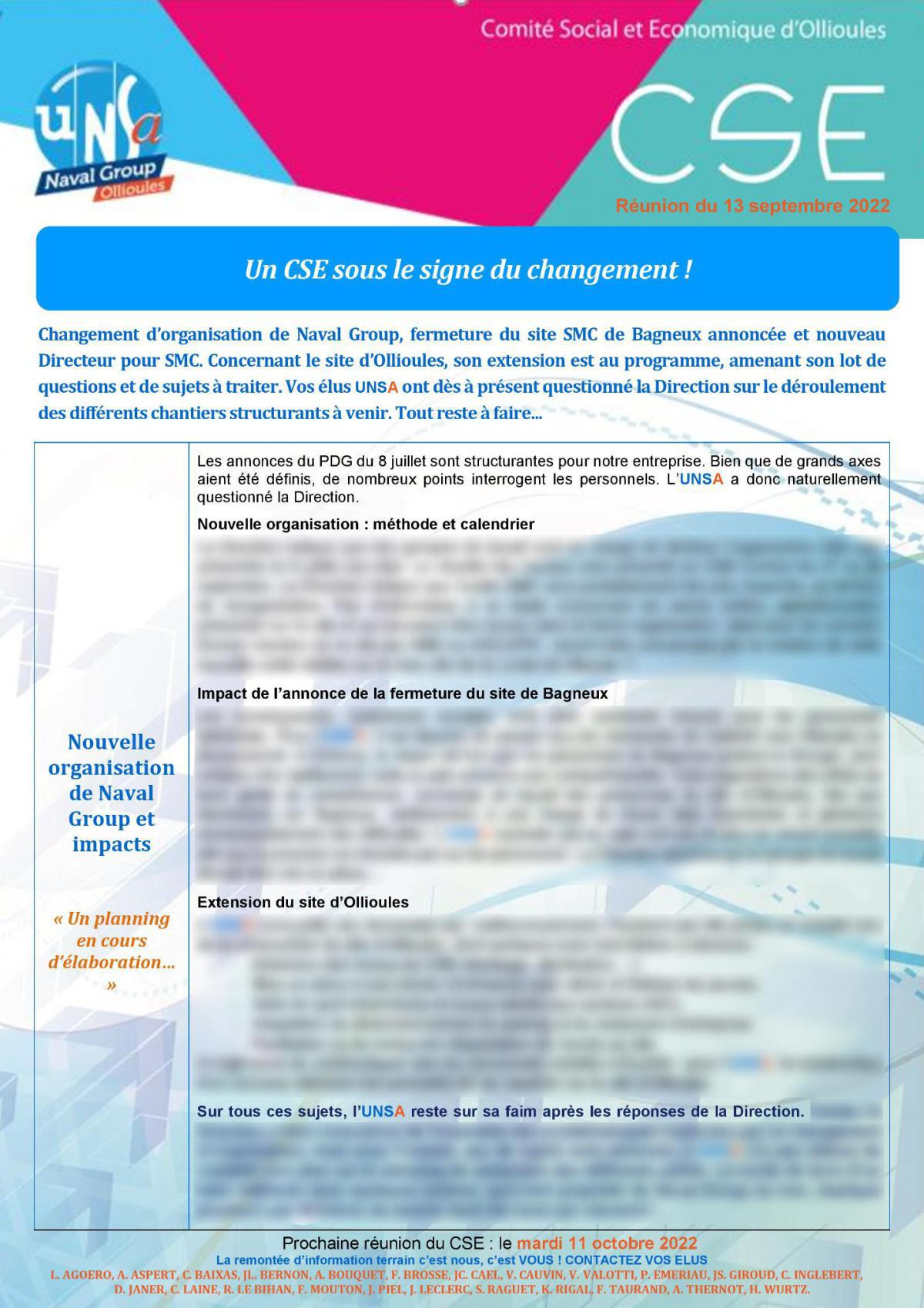 CSE d'Ollioules - Réunion du 13 septembre 2022 - Compte rendu