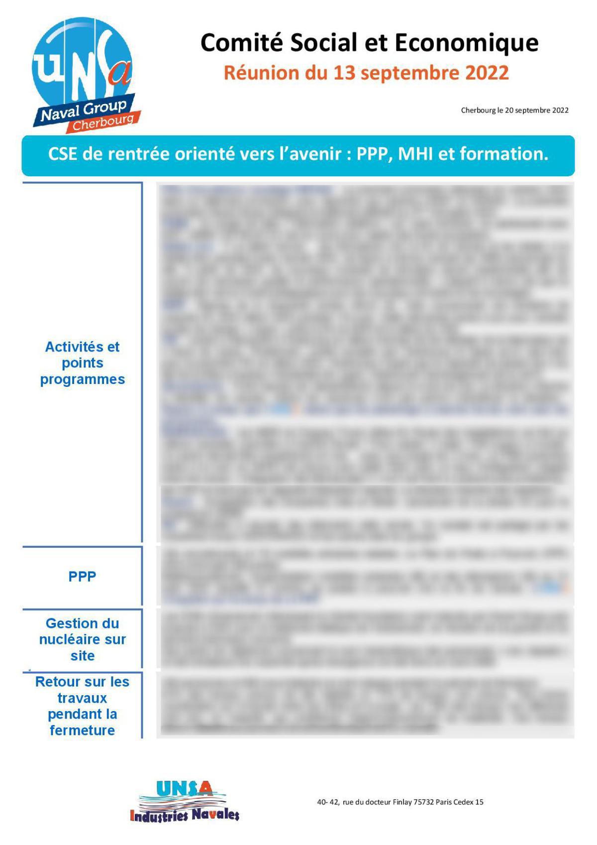 CSE de Cherbourg - Réunion du 13 septembre 2022 - Compte rendu CSE de Cherbourg - Réunion du 13 septembre 2022 - Compte rendu