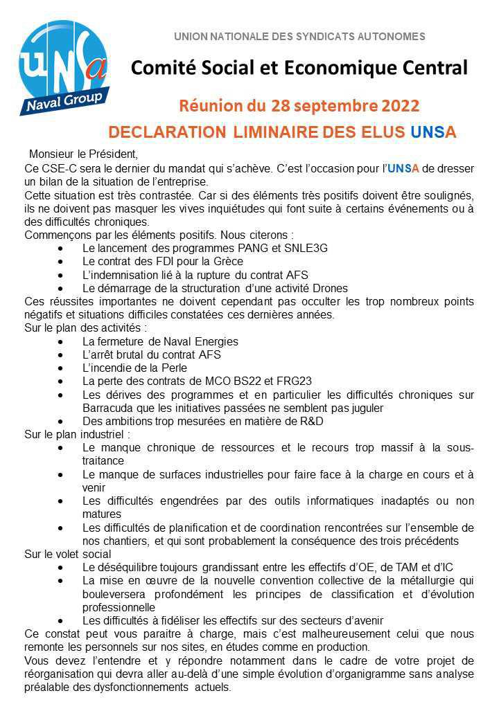 Réunion du 28 septembre 2022 - Déclaration liminaire UNSA