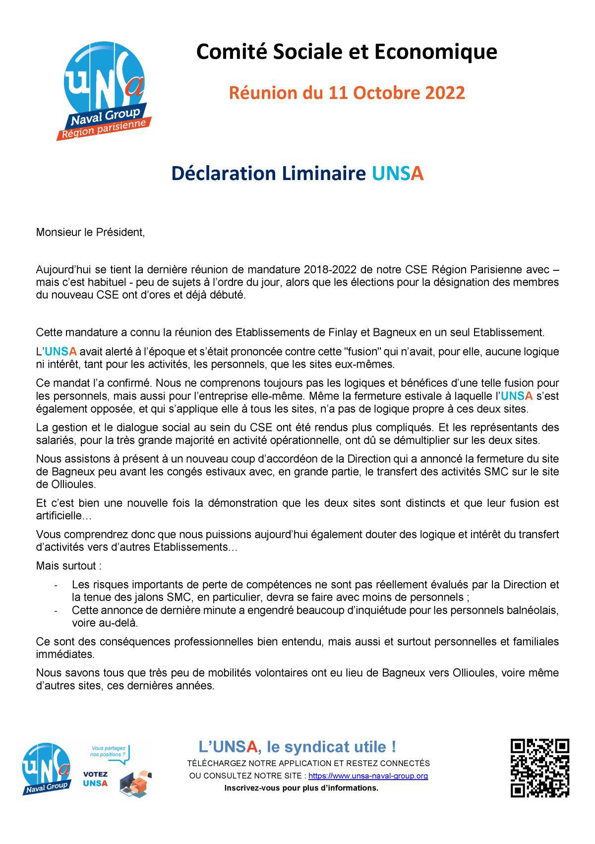 CSE Région Parisienne - Réunion du 11 octobre - Déclaration Liminaire