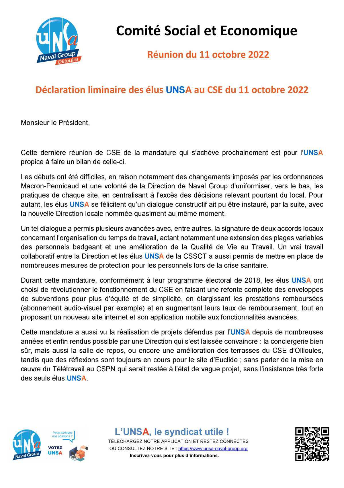 CSE d'Ollioules - Réunion du 11 octobre 2022 - déclaration liminaire