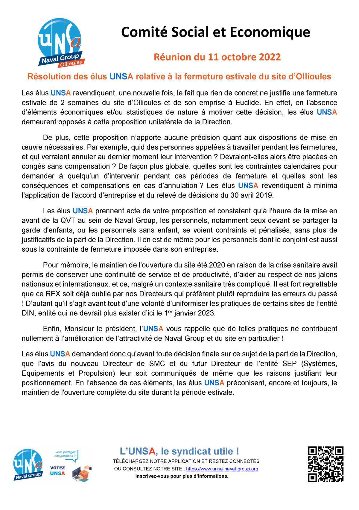 CSE d'Ollioules - réunion du 11 octobre 2022 : résolution UNSA relative à la fermeture estivale du site d’Ollioules