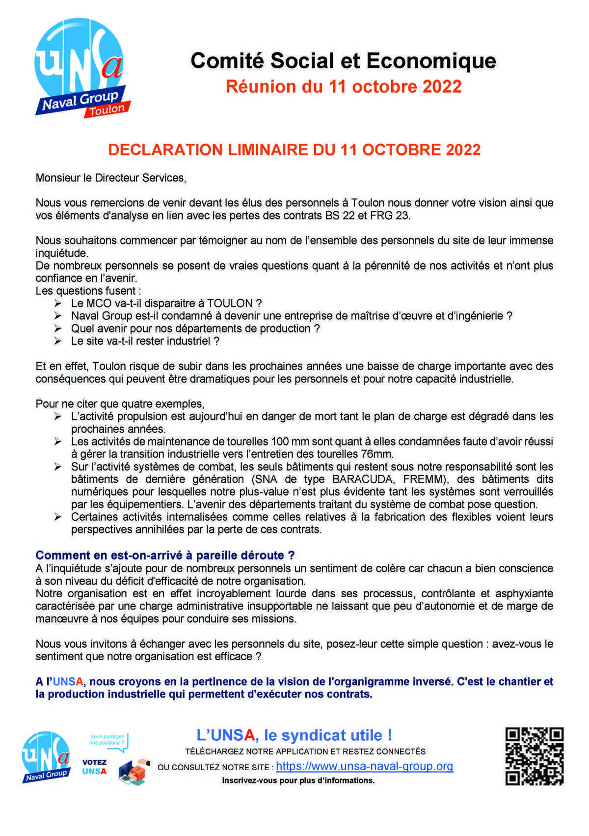 CSE de Toulon - Réunion du 11 octobre 2022 - déclaration liminaire