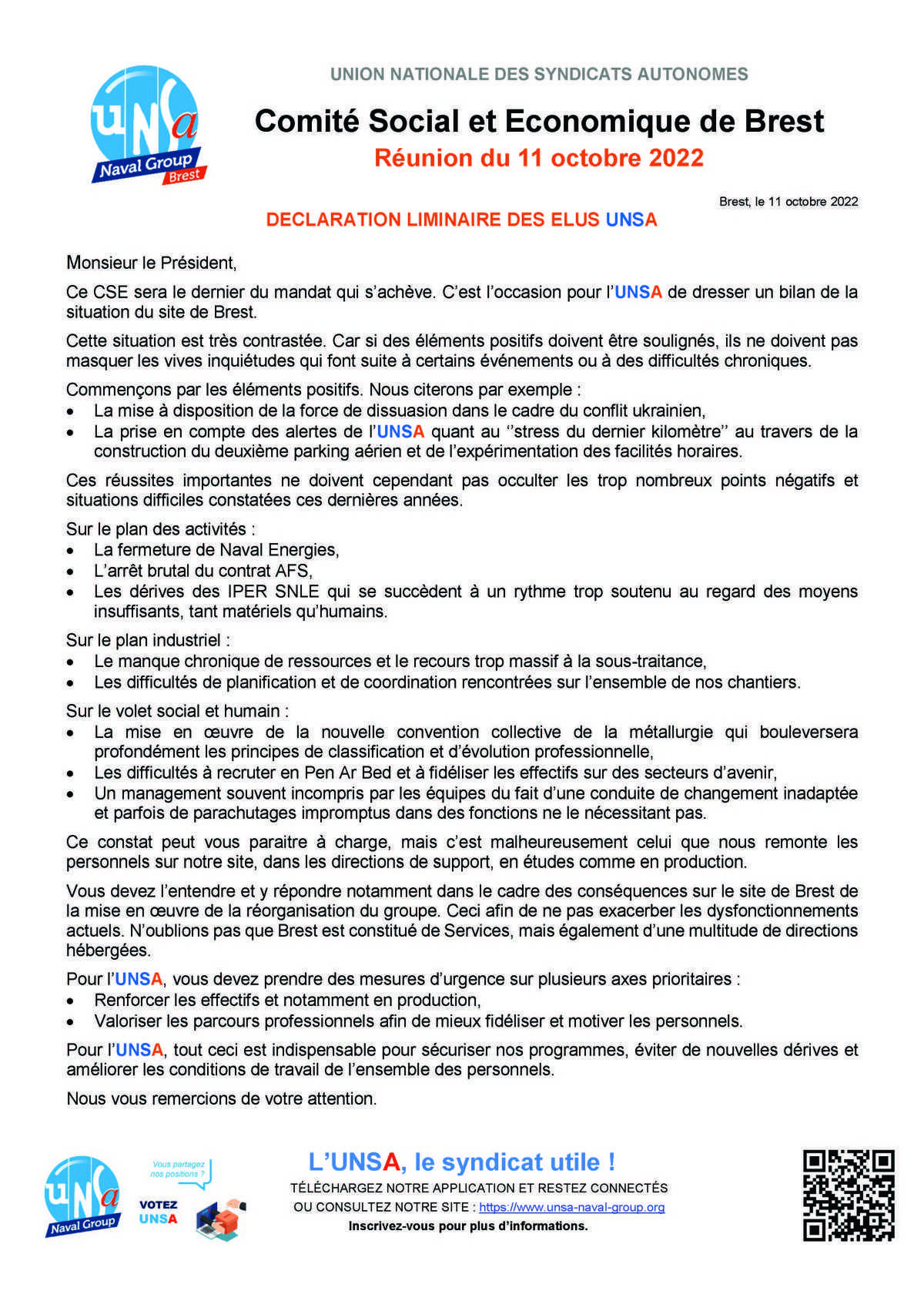 CSE de Brest - Réunion du 11 octobre 2022 - déclaration liminaire
