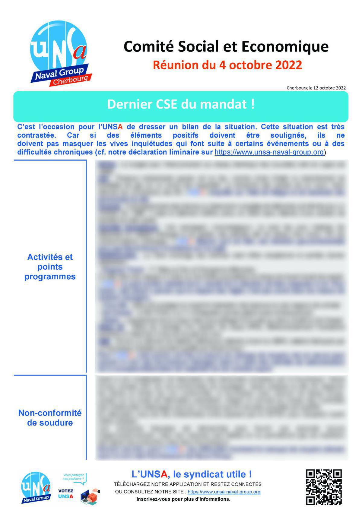 CSE de Cherbourg - Réunion du 4 octobre 2022 - Compte rendu CSE de Cherbourg - Réunion du 4 octobre 2022 - Compte rendu