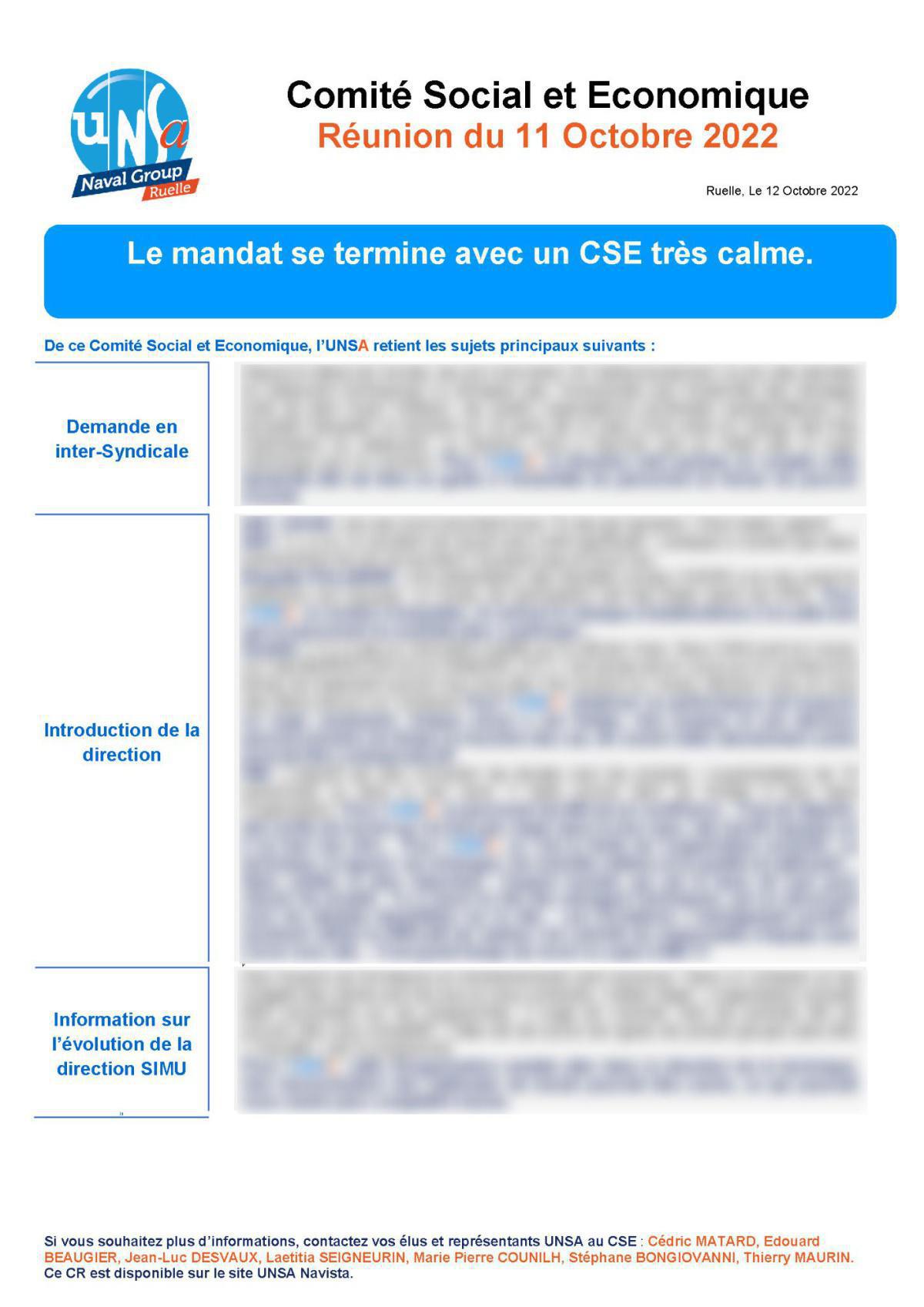 CSE de Ruelle - Réunion du 11 octobre 2022 - Compte rendu CSE de Ruelle - Réunion du 11 octobre 2022 - Compte rendu