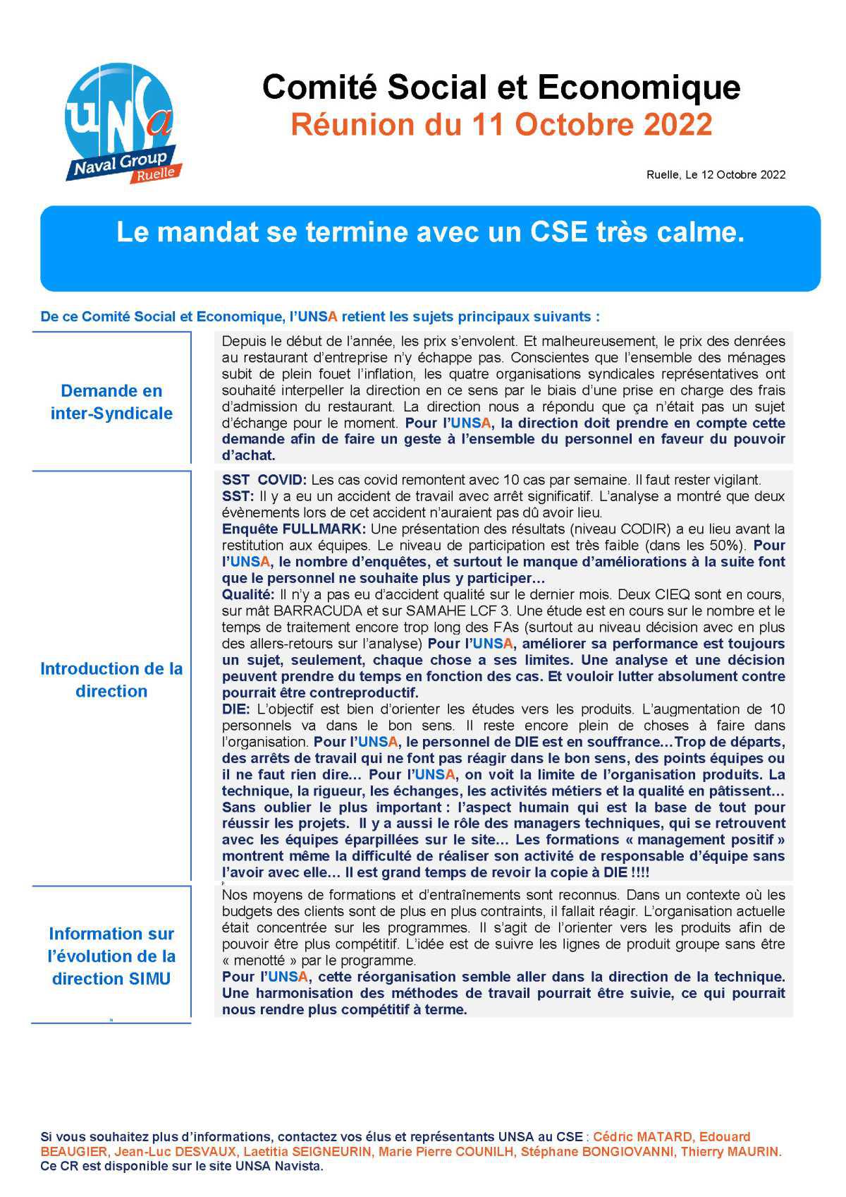 CSE de Ruelle - Réunion du 11 octobre 2022 - Compte rendu