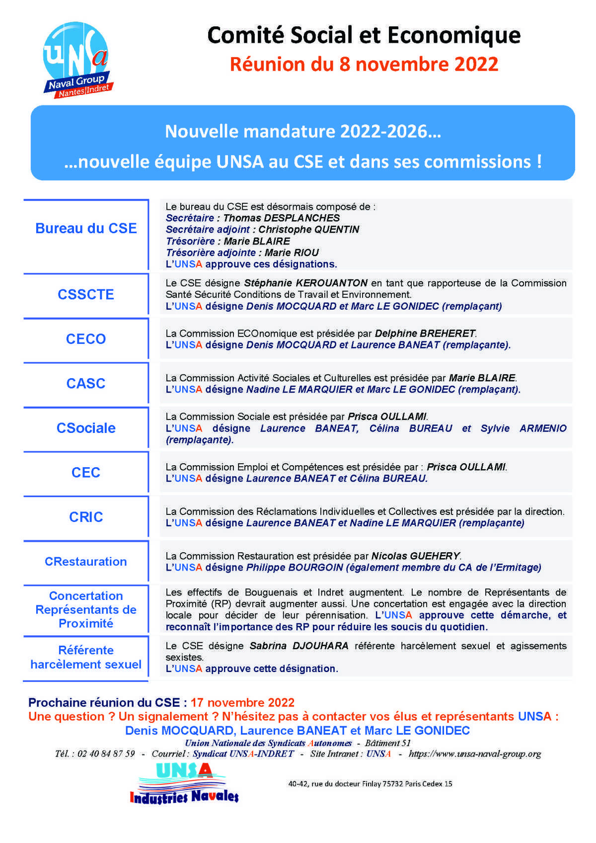 CSE de constitution d'Indret - Réunion du 8 novembre 2022 - Compte rendu