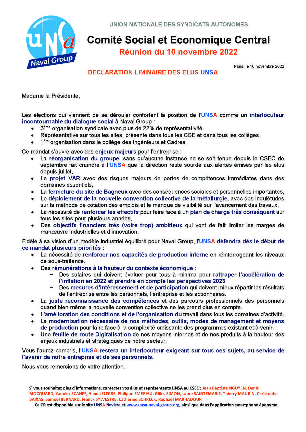 Réunion du 10 novembre 2022 - Déclaration liminaire UNSA