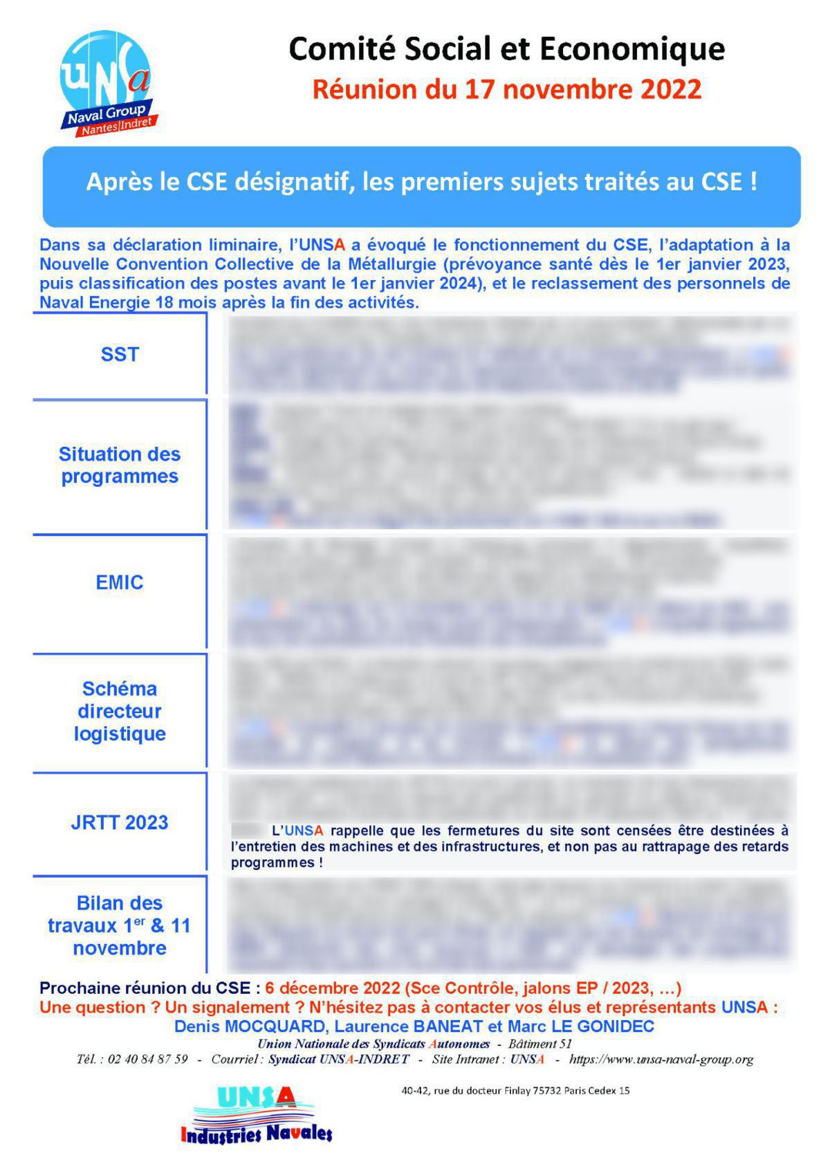 CSE d'Indret - Réunion du 17 novembre 2022 - Compte rendu CSE d'Indret - Réunion du 17 novembre 2022 - Compte rendu