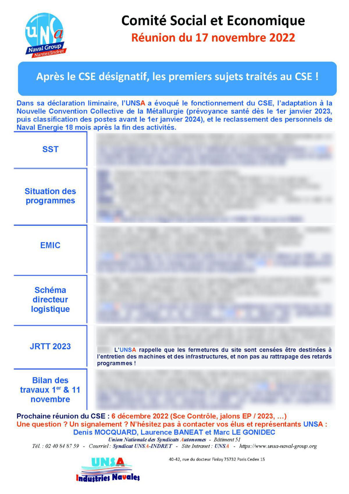 CSE d'Indret - Réunion du 17 novembre 2022 - Compte rendu