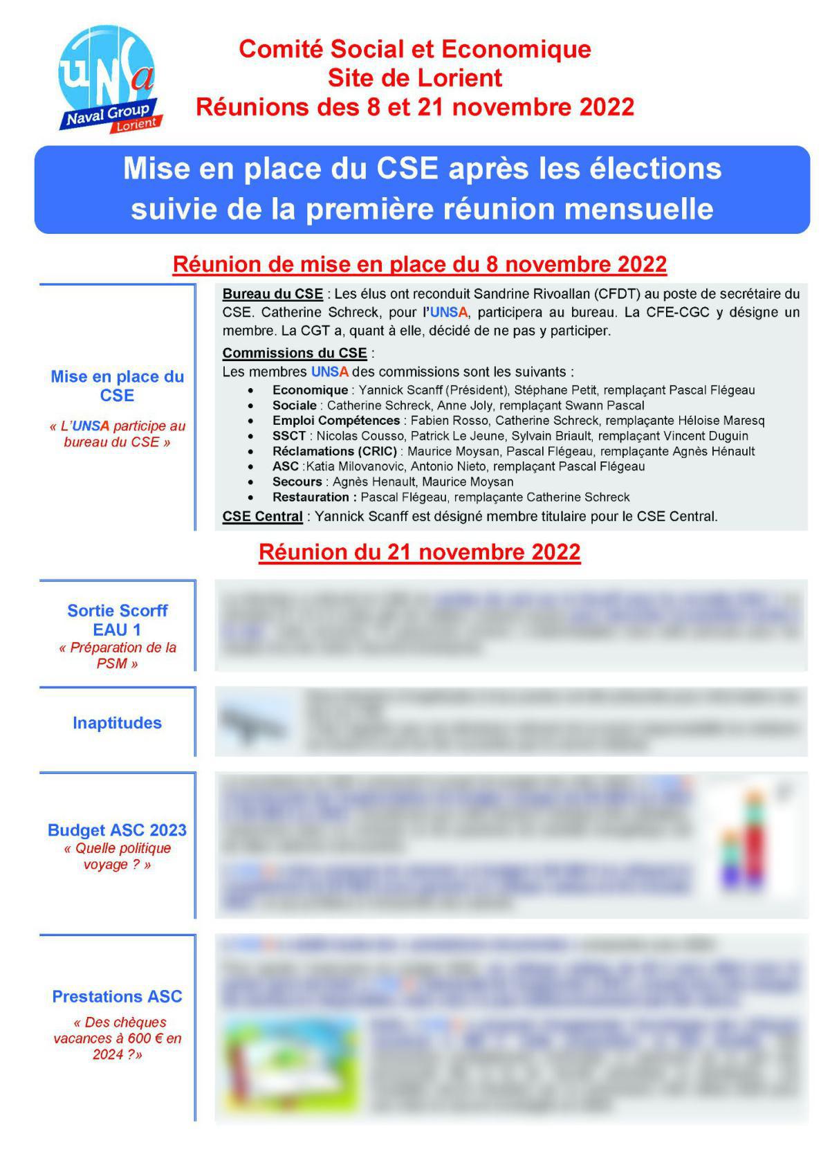 CSE de Lorient - Réunions des 8 et 21 novembre 2022 - Compte rendu