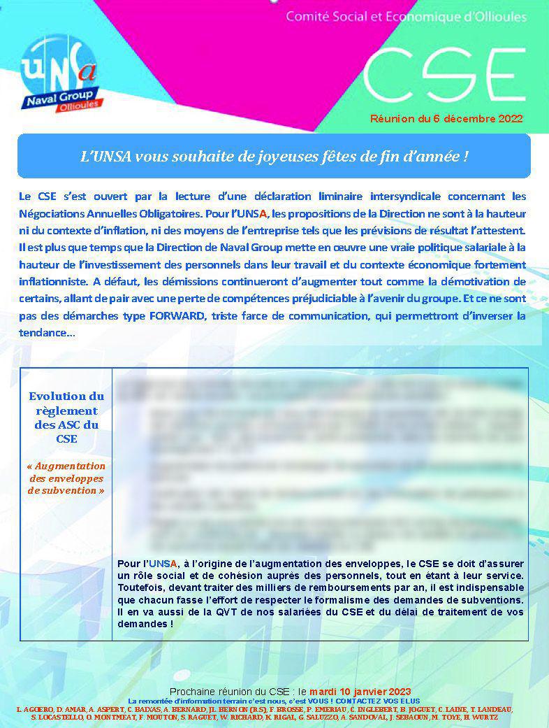CSE d'Ollioules - Réunion du 6 décembre 2022 - Compte rendu