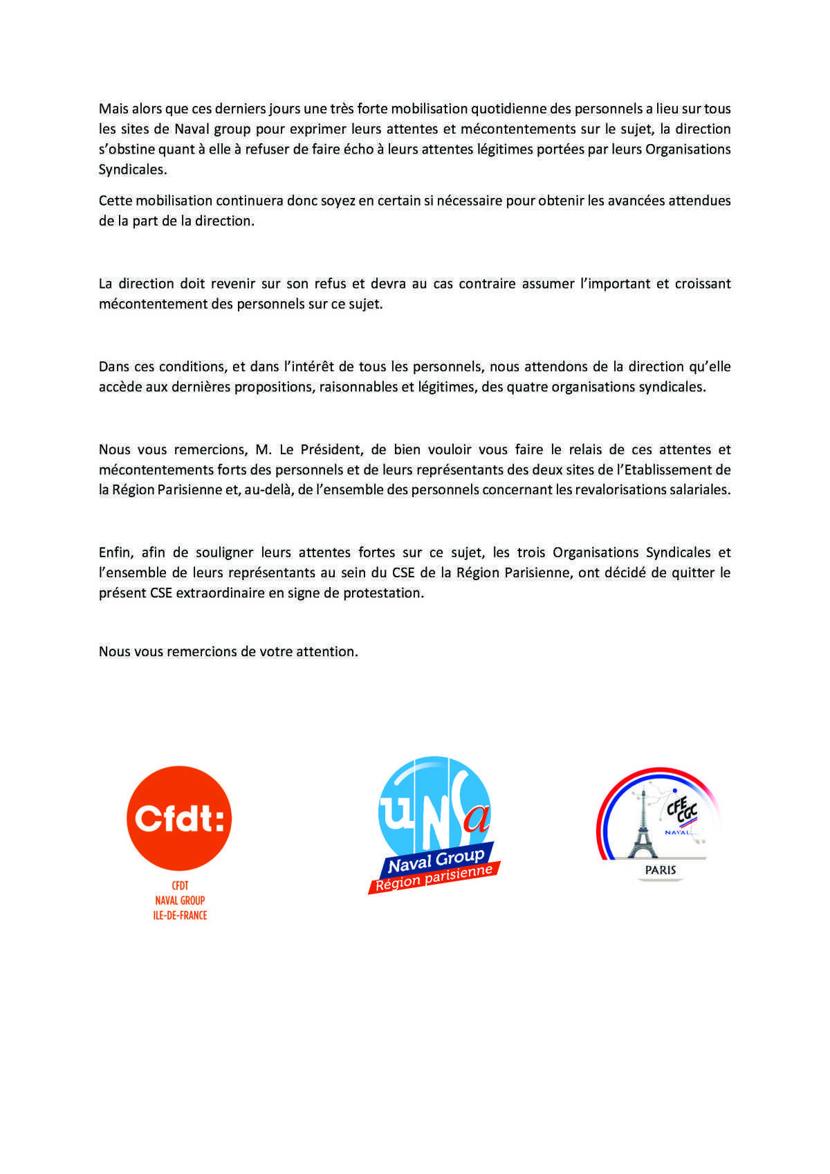 CSE extra Région Parisienne - Réunion du 15 décembre - Déclaration Liminaire