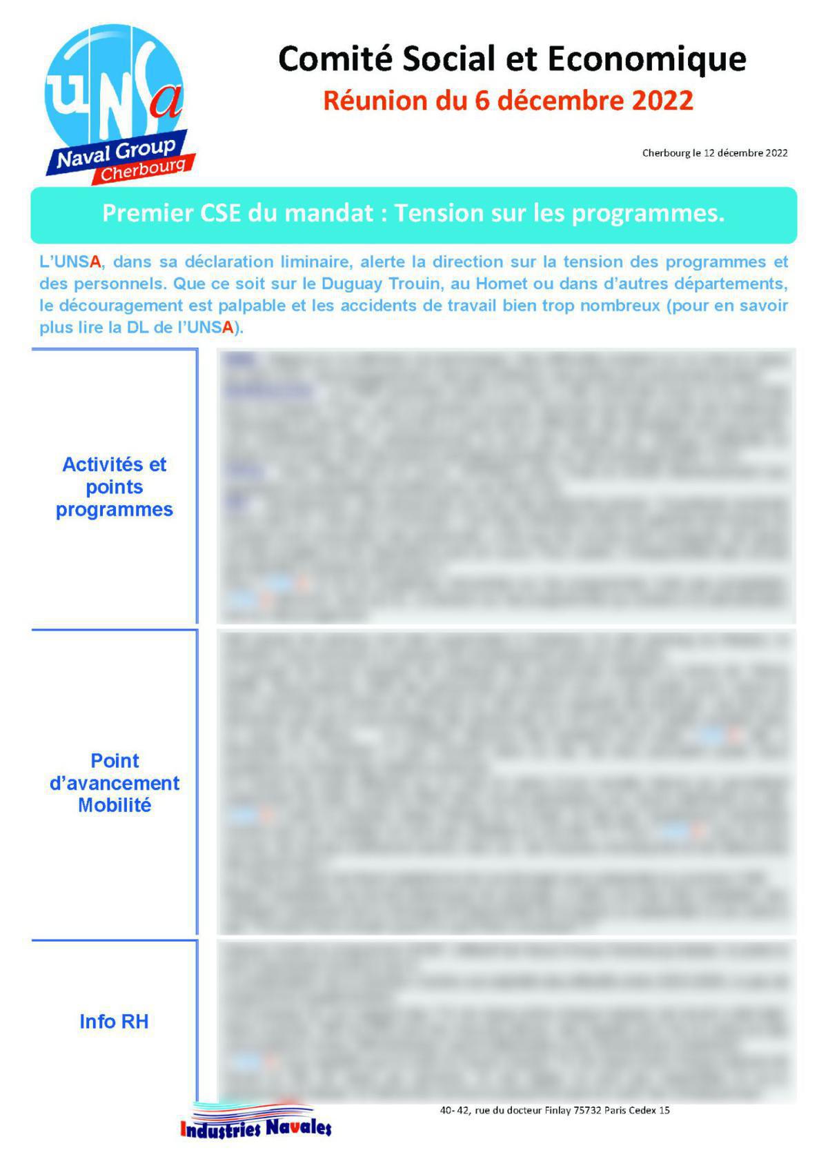 CSE de Cherbourg - Réunion du 6 décembre 2022 - Compte rendu CSE de Cherbourg - Réunion du 6 décembre 2022 - Compte rendu