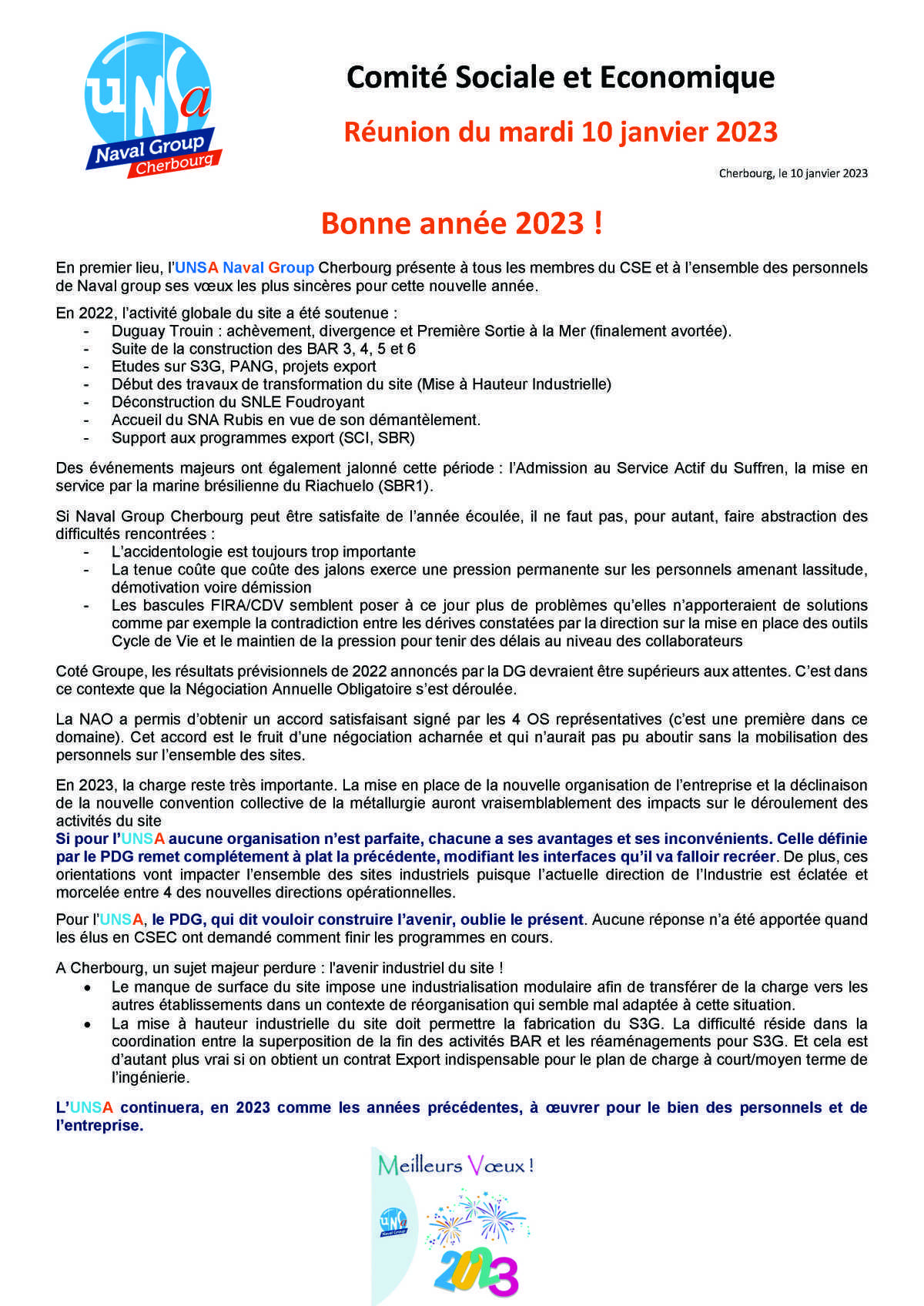 CSE de Cherbourg - Réunion du 10 janvier 2023 - Déclaration liminaire