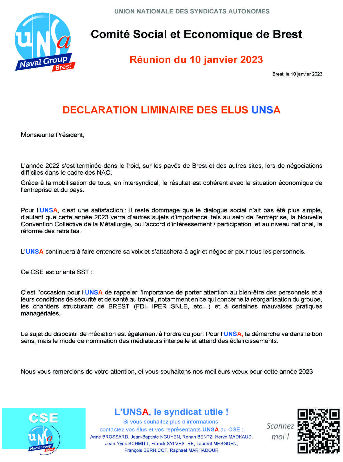 CSE de Brest - Réunion du 10 janvier 2023 - Déclaration liminaire
