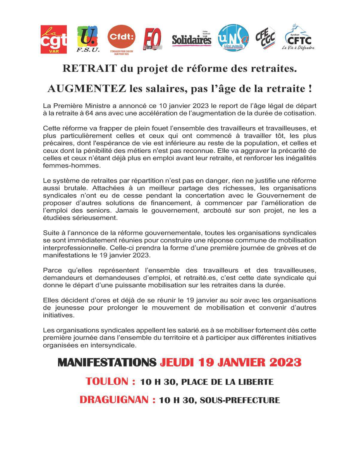 Réforme des retraites : mobilisation du 19 janvier 2023 à Toulon