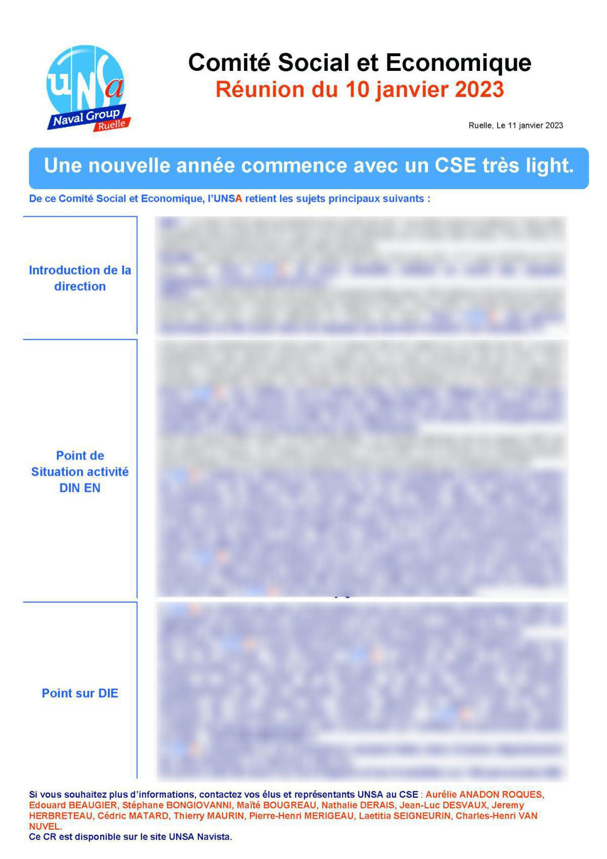 CSE de Ruelle - Réunion du 10 janvier 2023 - Compte rendu CSE de Ruelle - Réunion du 10 janvier 2023 - Compte rendu