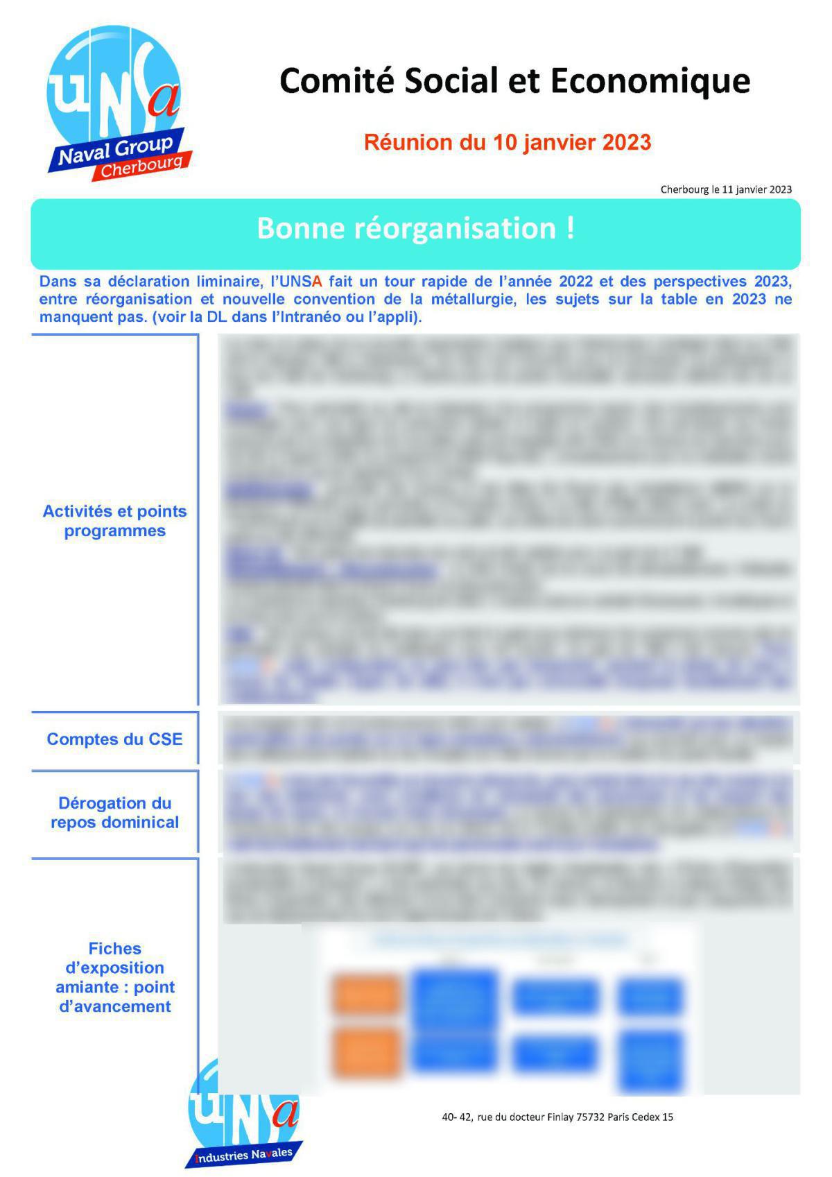 CSE de Cherbourg - Réunion du 10 janvier 2023 - Compte rendu CSE de Cherbourg - Réunion du 10 janvier 2023 - Compte rendu