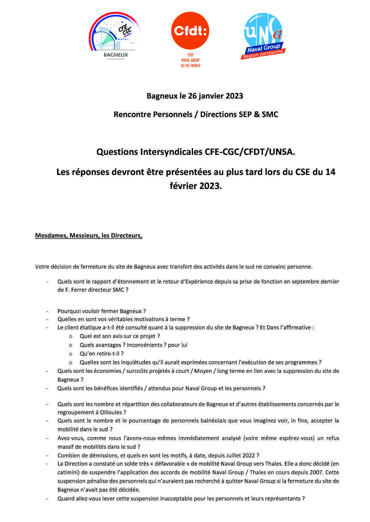 Questions Intersyndicales CFE-CGC/CFDT/UNSA - Janvier 2023 Questions Intersyndicales CFE-CGC/CFDT/UNSA - Janvier 2023
