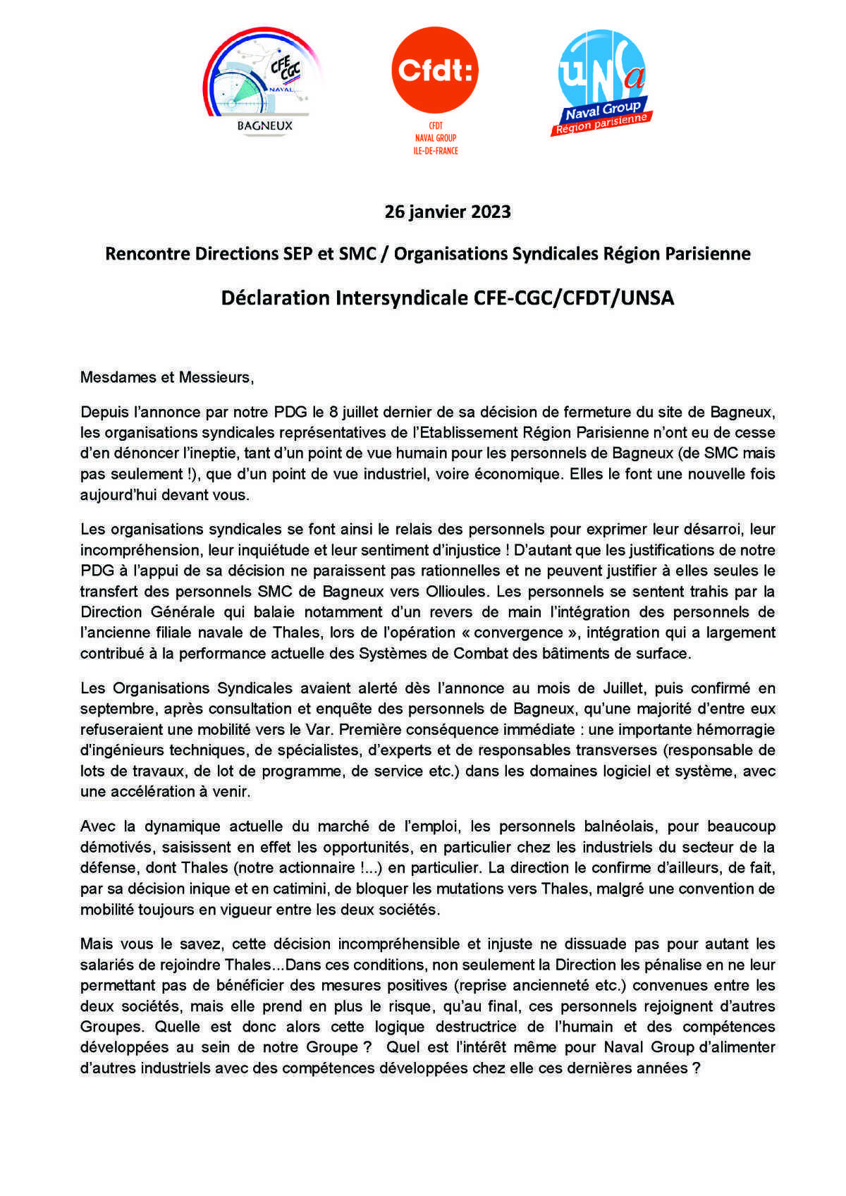 Déclaration Intersyndicale CFE-CGC/CFDT/UNSA - Janvier 2023 Déclaration Intersyndicale CFE-CGC/CFDT/UNSA - Janvier 2023