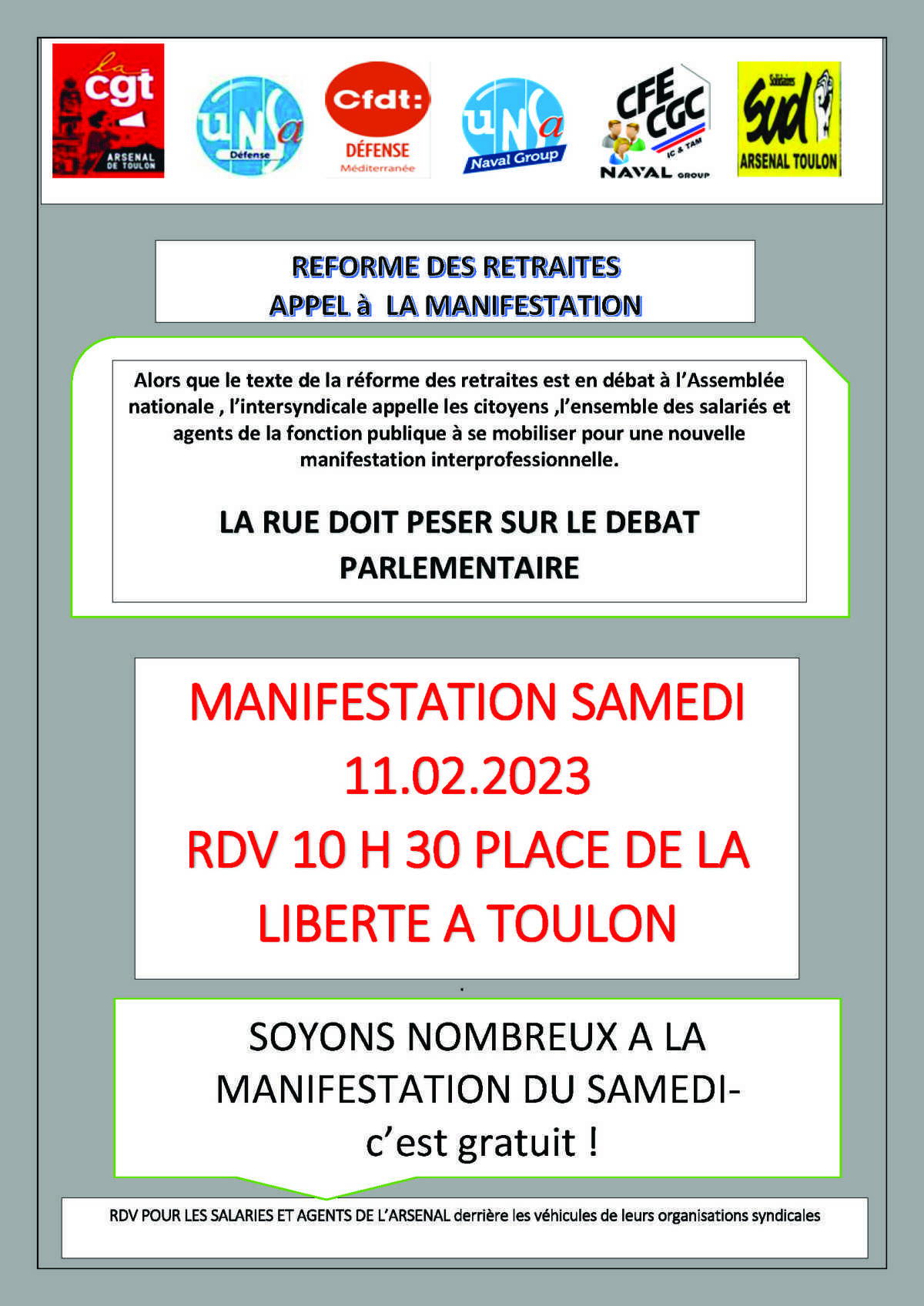 REFORME DES RETRAITES : MANIFESTATION DU 11 FEVRIER à Toulon