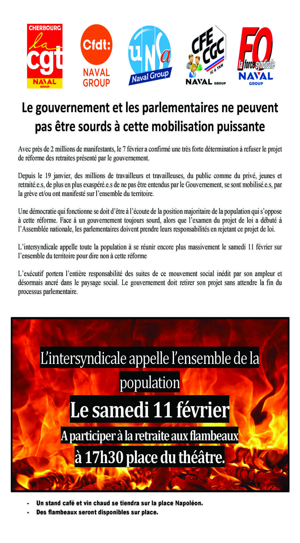 REFORME DES RETRAITES : MANIFESTATION DU 11 FEVRIER à Cherbourg