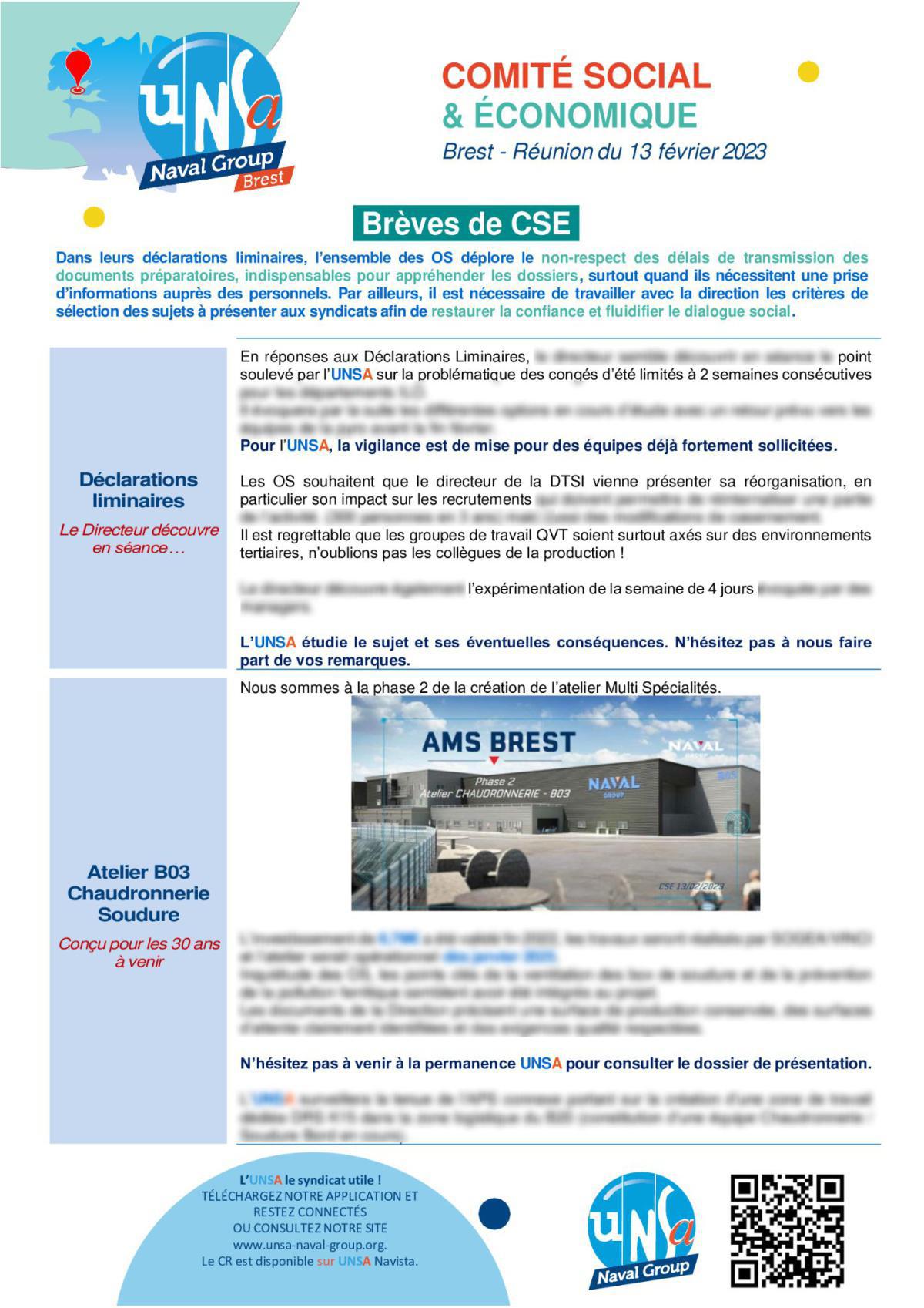 CSE de Brest - Réunion du 13 février 2023 - Compte rendu