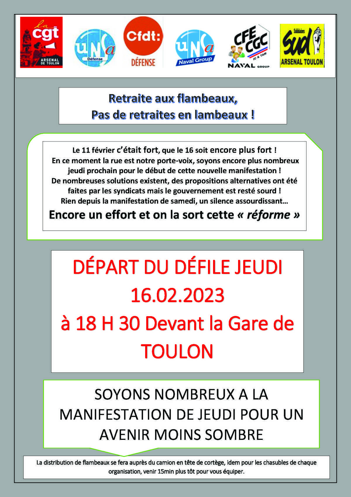 REFORME DES RETRAITES : MANIFESTATION DU 16 FEVRIER à Toulon