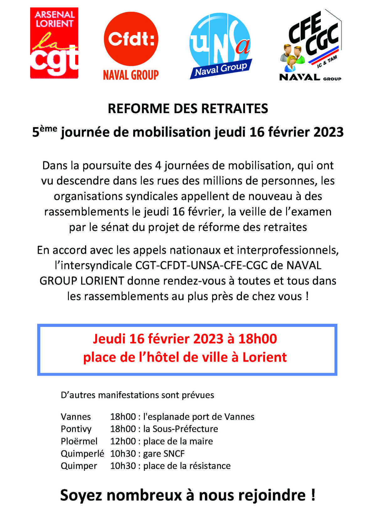 REFORME DES RETRAITES : 5ème journée de mobilisation jeudi 16 février 2023 à Lorient