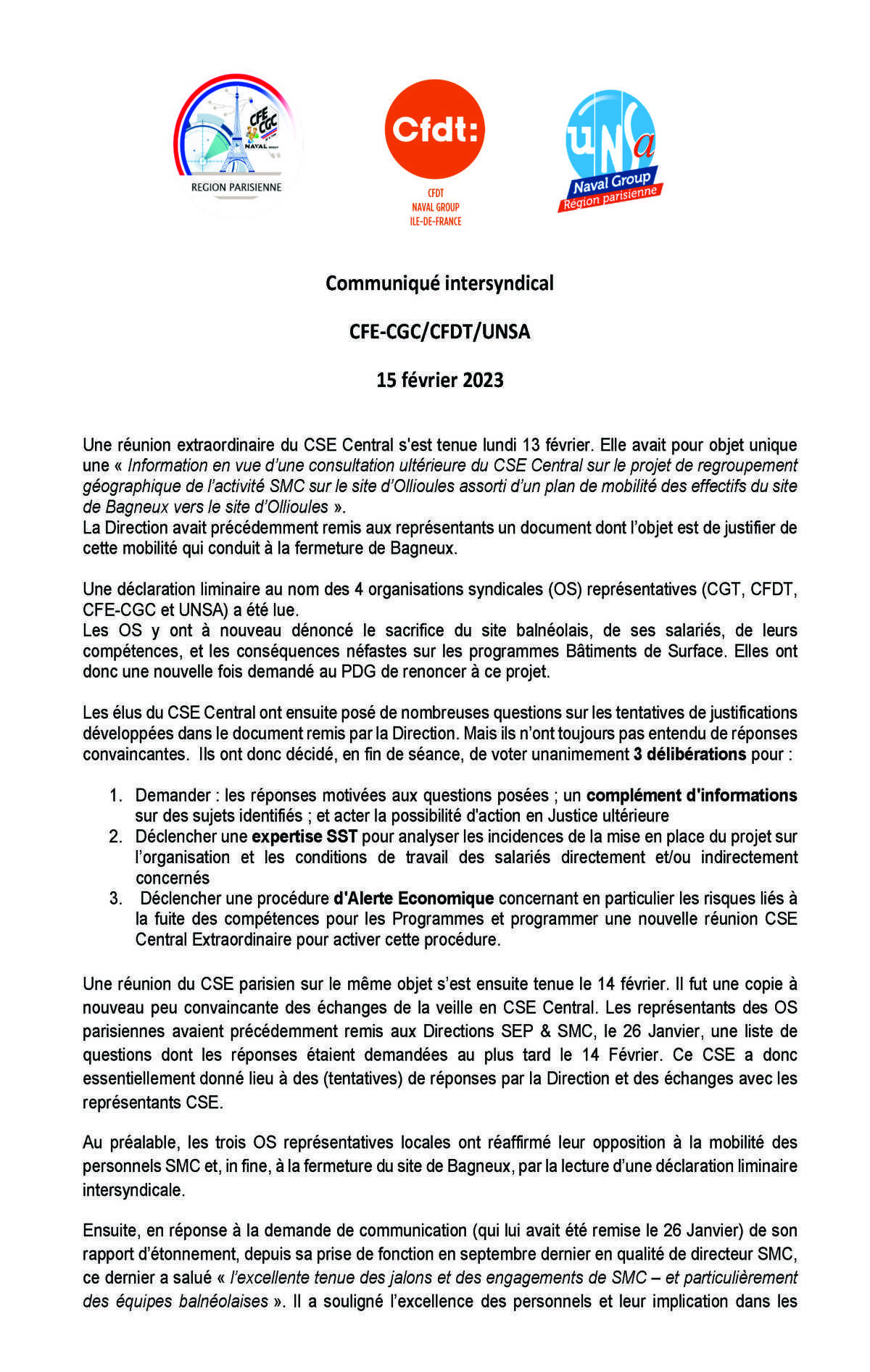 Communiqué Intersyndical CFE-CGC/CFDT/UNSA - 15 février 2023
