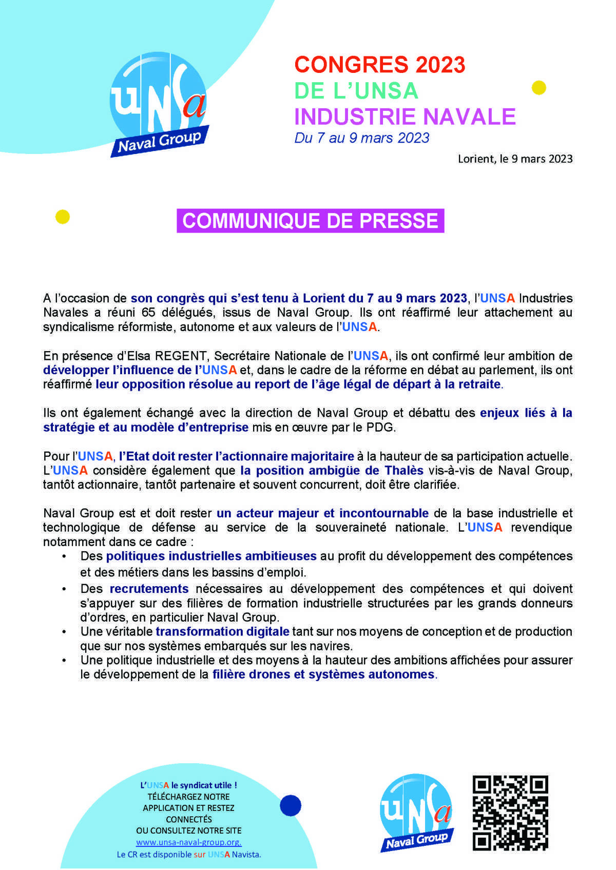 Communiqué de presse UNSA Industries Navales - Congrès National