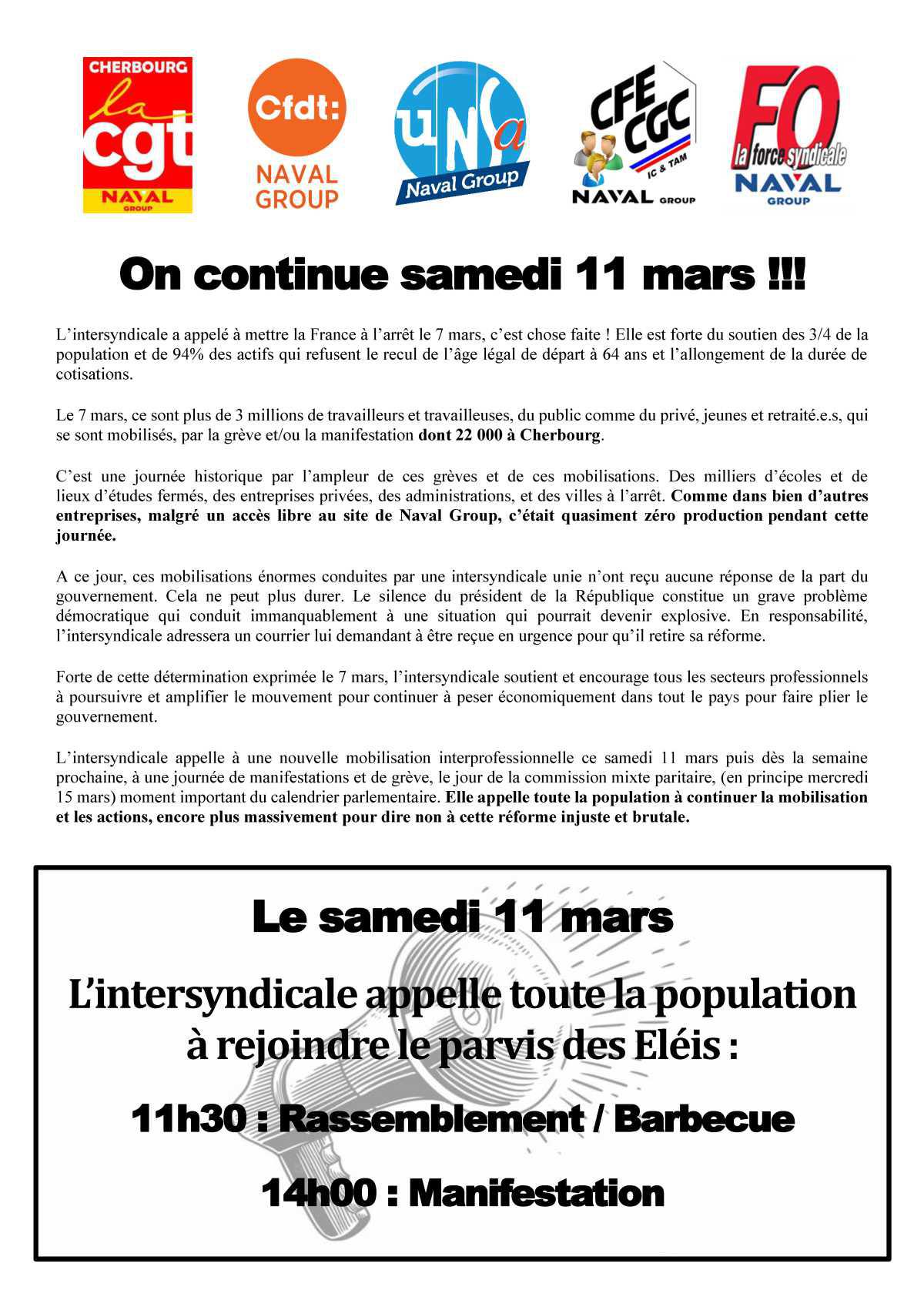 REFORME DES RETRAITES : Mobilisation du 11 mars 2023 à Cherbourg